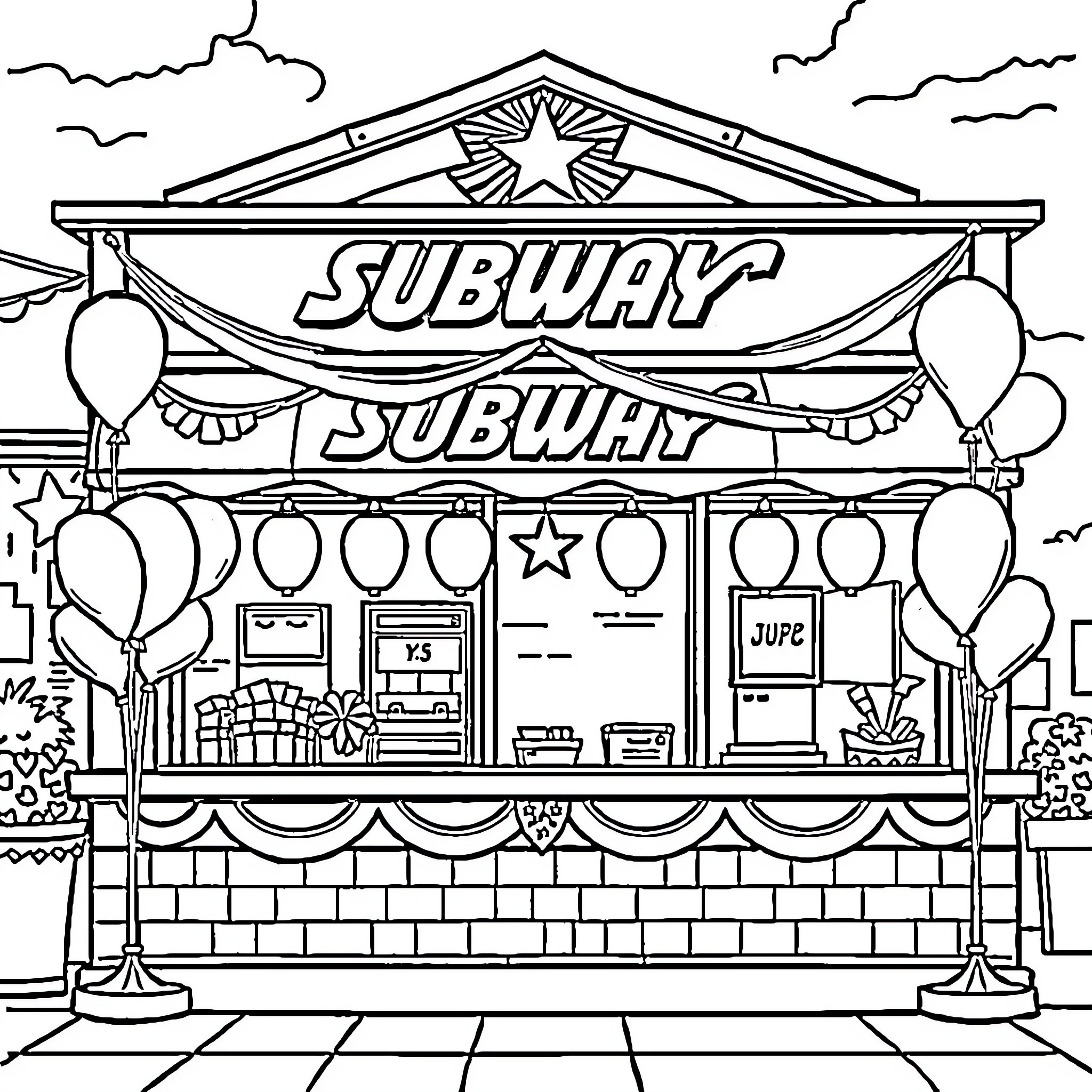 Sandwich shop with festive decorations Coloring Page (free black-and-white line drawing printable PDF for all, from beginners to advanced learners, including children, teens, adults, and seniors)