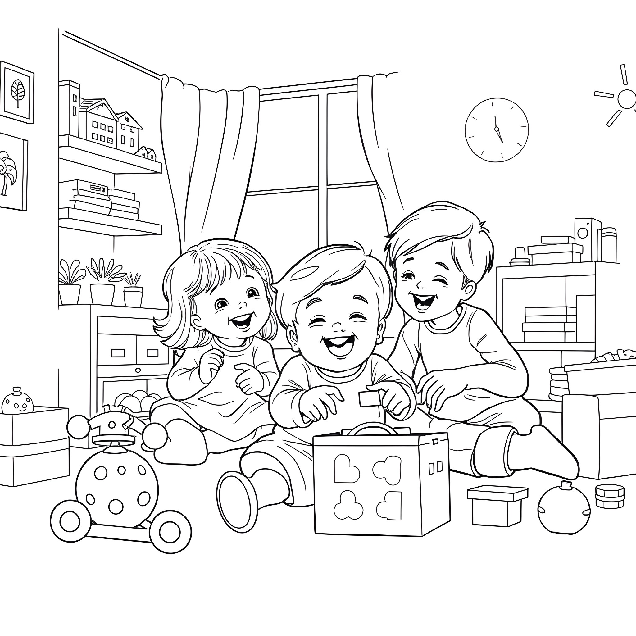 Kid Friends Playing Together in Cozy Room Coloring Page (free black-and-white line drawing printable PDF for all, from beginners to advanced learners, including children, teens, adults, and seniors)