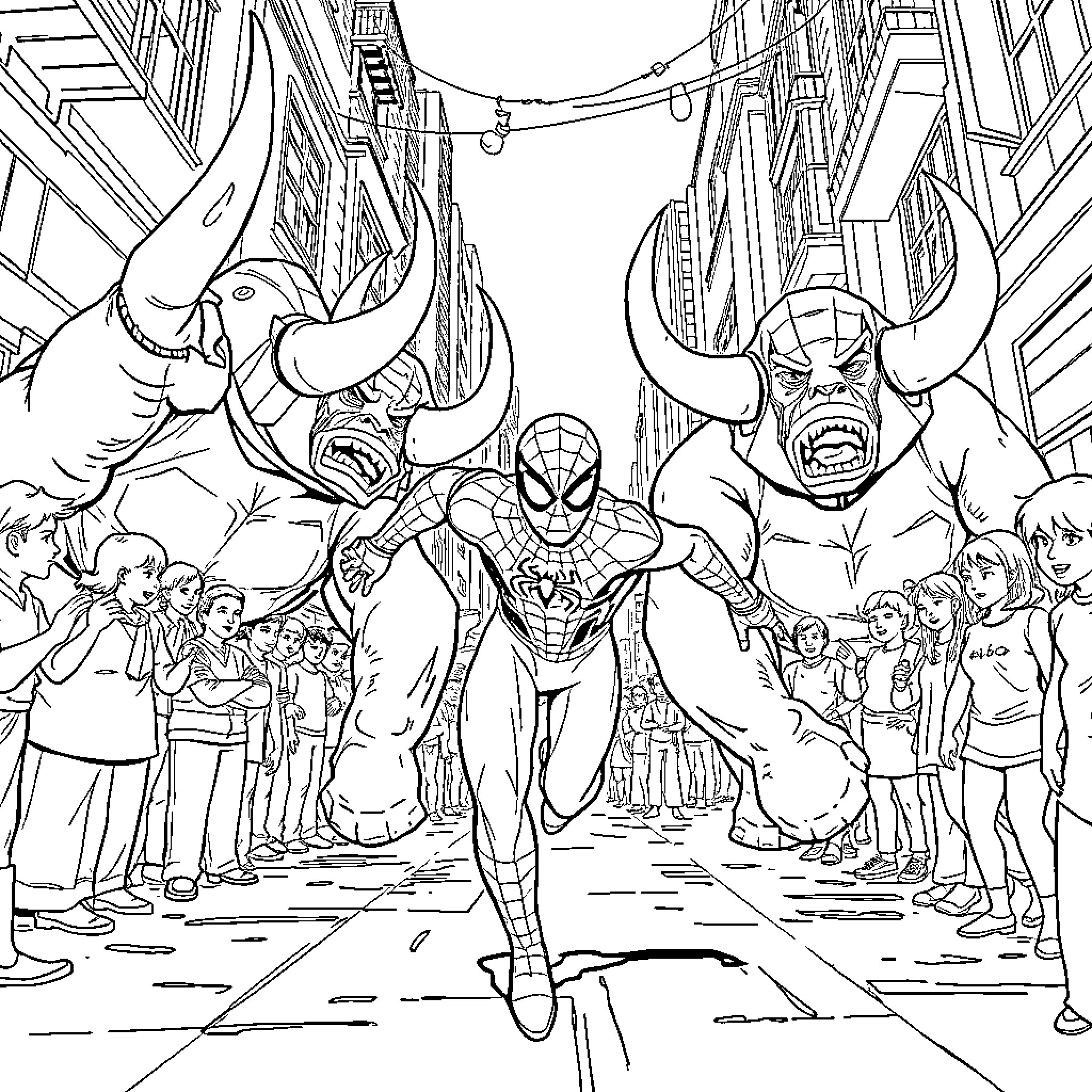 Spider-Man facing supervillains in the city Coloring Page (free black-and-white line drawing printable PDF for all, from beginners to advanced learners, including children, teens, adults, and seniors)
