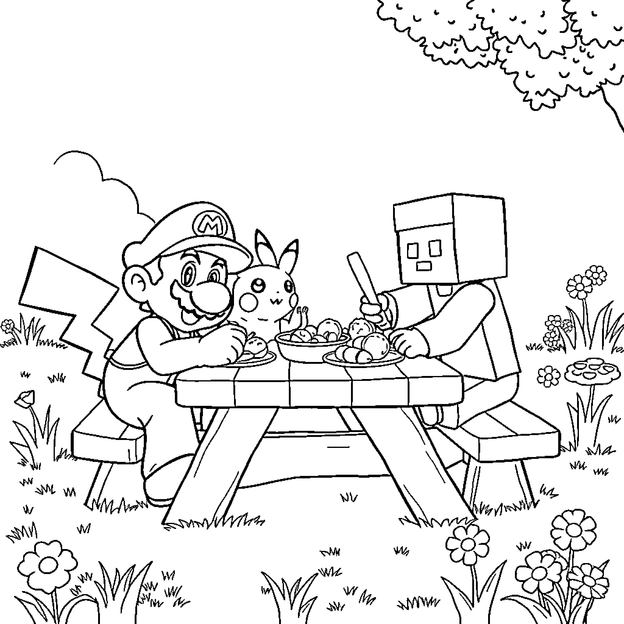 Mario and Friend Enjoying a Picnic Outdoors Coloring Page (free black-and-white line drawing printable PDF for all, from beginners to advanced learners, including children, teens, adults, and seniors)