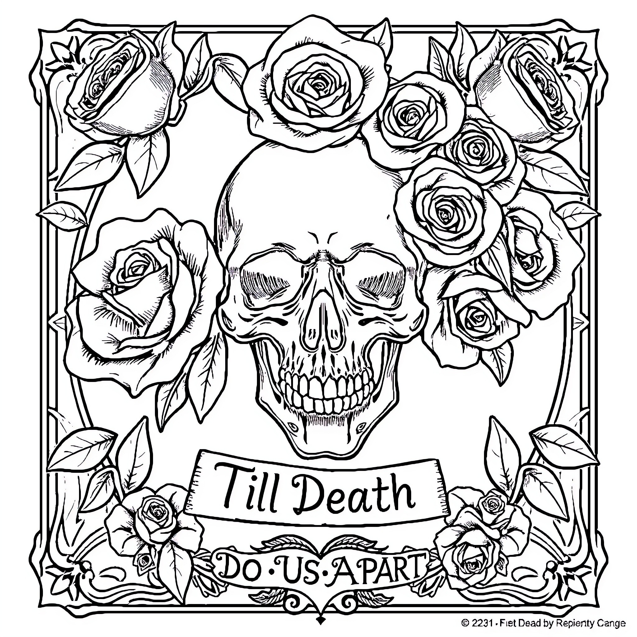 Tarot Card with Skull and Roses Coloring Page (free black-and-white line drawing printable PDF for all, from beginners to advanced learners, including children, teens, adults, and seniors)