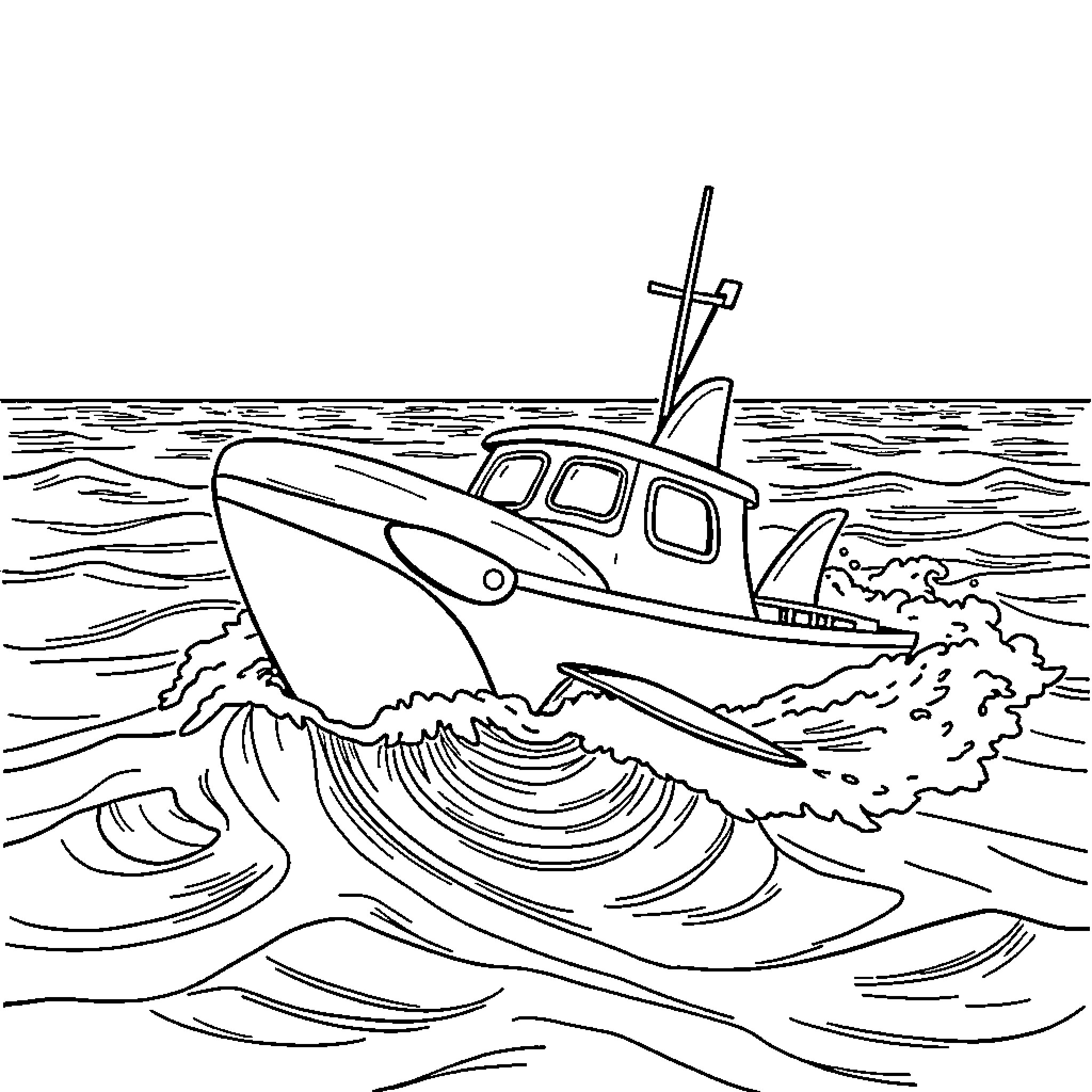 Orca Boat Navigating Rough Waves Coloring Page (free black-and-white line drawing printable PDF for all, from beginners to advanced learners, including children, teens, adults, and seniors)