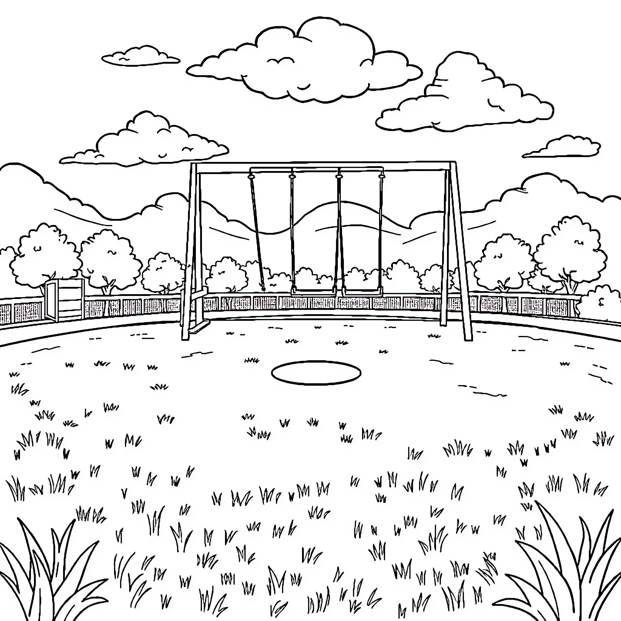 Playground with Swings and Trees Coloring Page (free black-and-white line drawing printable PDF for all, from beginners to advanced learners, including children, teens, adults, and seniors)