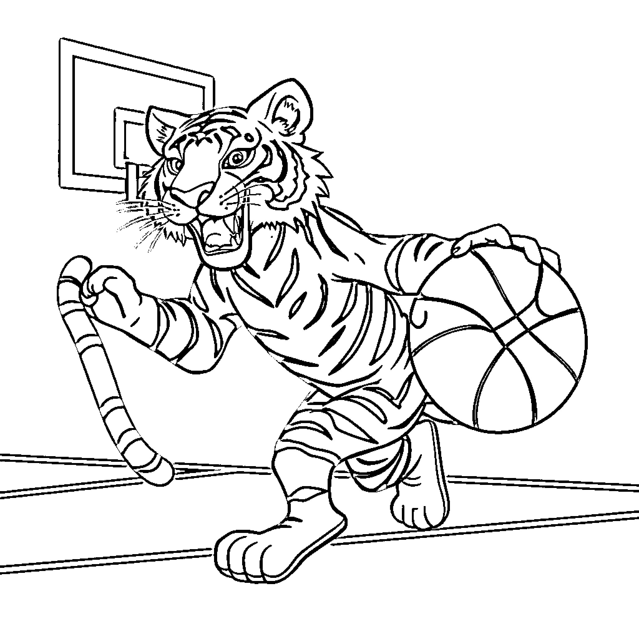 Tiger Playing Basketball with Intensity Coloring Page (free black-and-white line drawing printable PDF for all, from beginners to advanced learners, including children, teens, adults, and seniors)