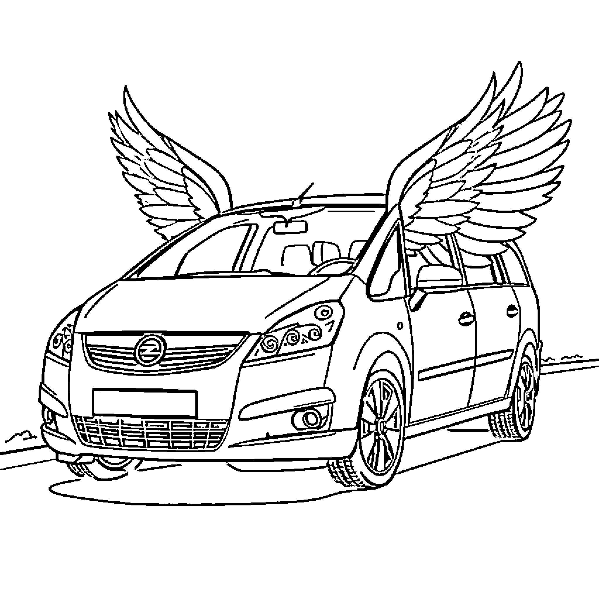 Opel Zafira with angelic wings Coloring Page (free black-and-white line drawing printable PDF for all, from beginners to advanced learners, including children, teens, adults, and seniors)