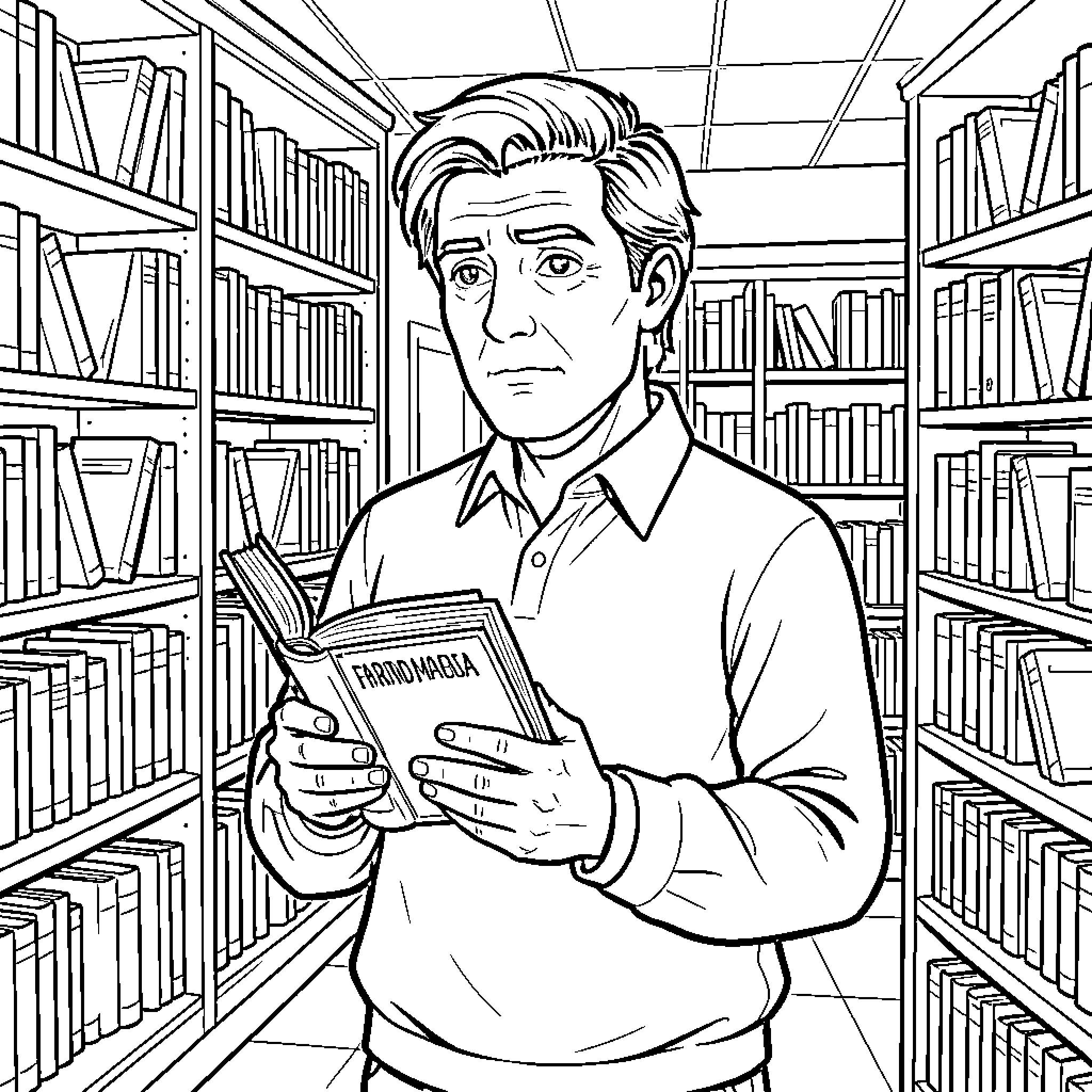 Fernando Mendoza reading a book in a library Coloring Page (free black-and-white line drawing printable PDF for all, from beginners to advanced learners, including children, teens, adults, and seniors)