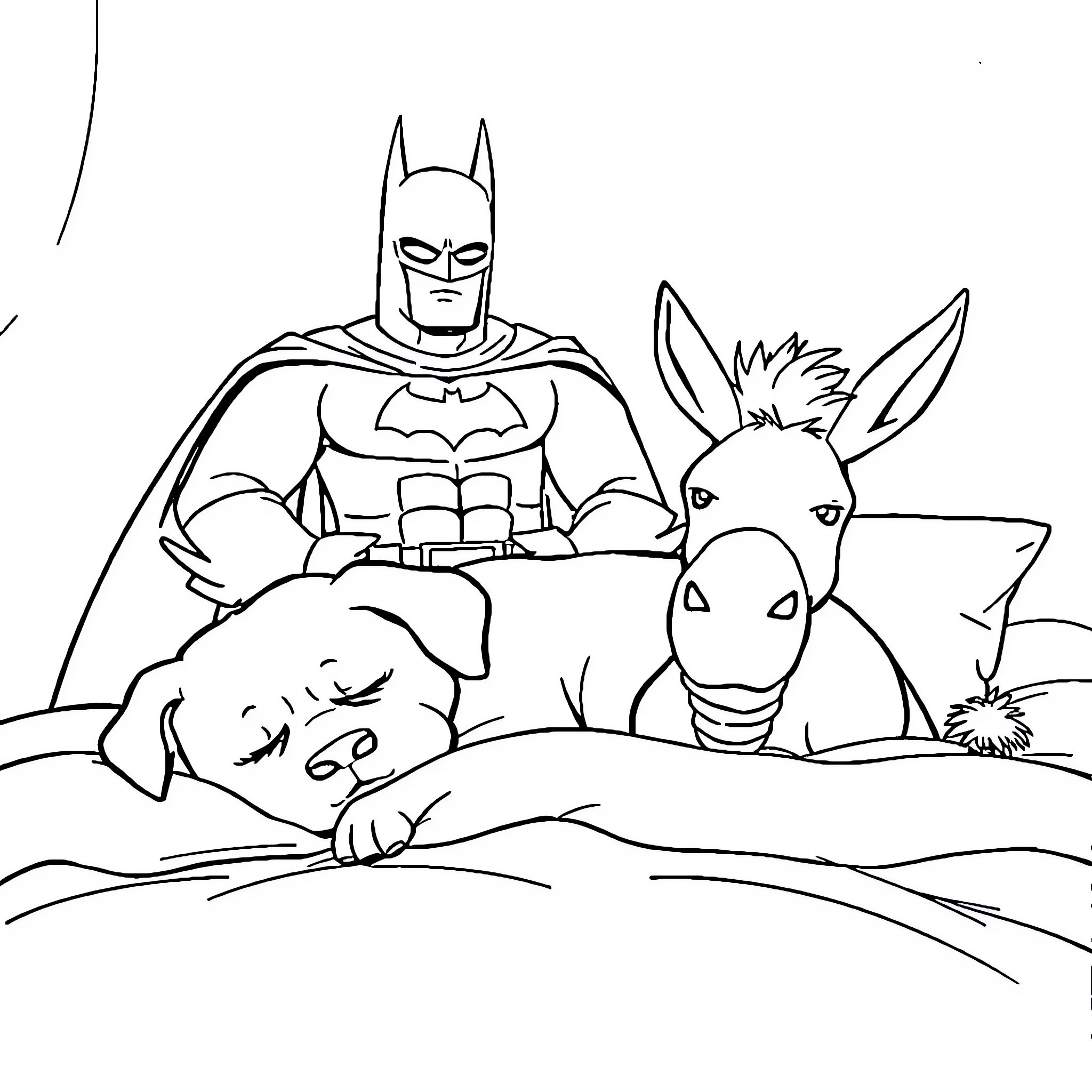 Dog and Donkey Accompany Batman in Adventure Coloring Page (free black-and-white line drawing printable PDF for all, from beginners to advanced learners, including children, teens, adults, and seniors)