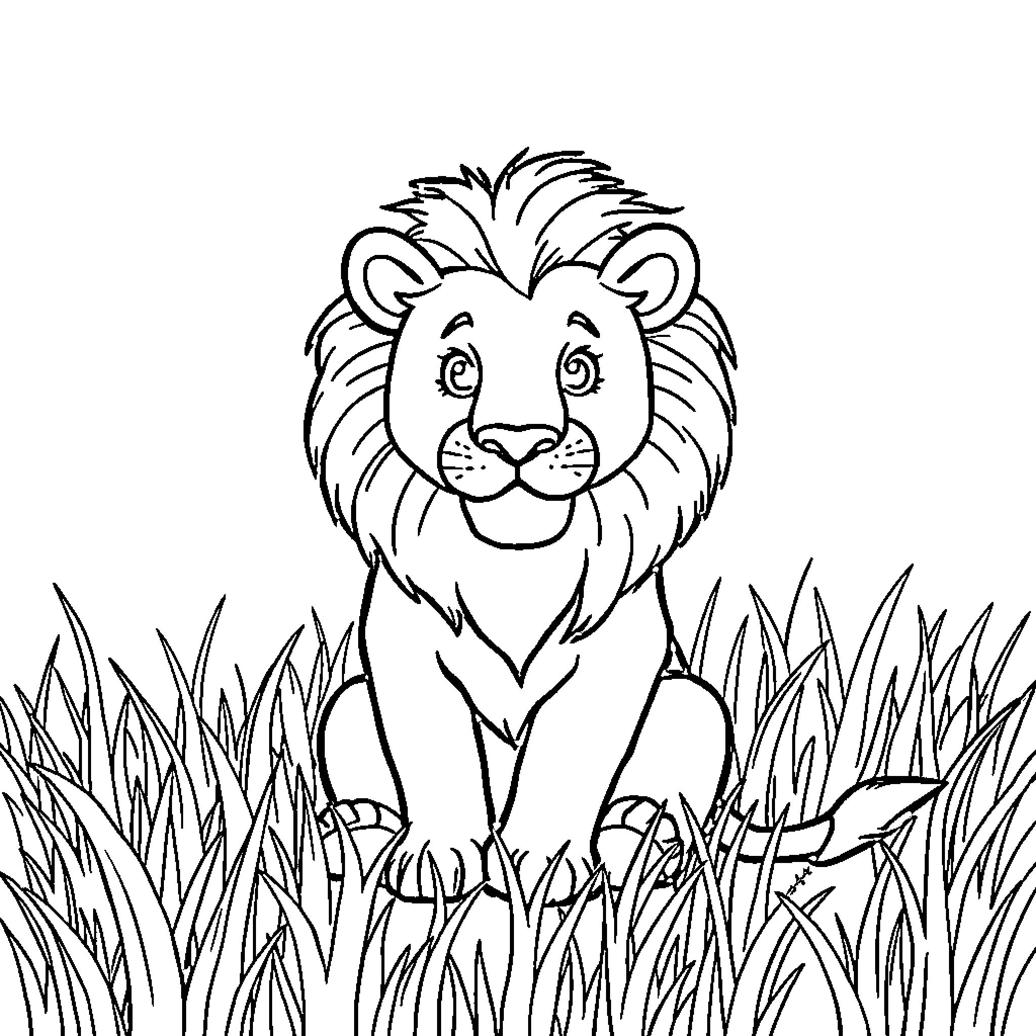 Lion sitting in the tall grass Coloring Page (free black-and-white line drawing printable PDF for all, from beginners to advanced learners, including children, teens, adults, and seniors)