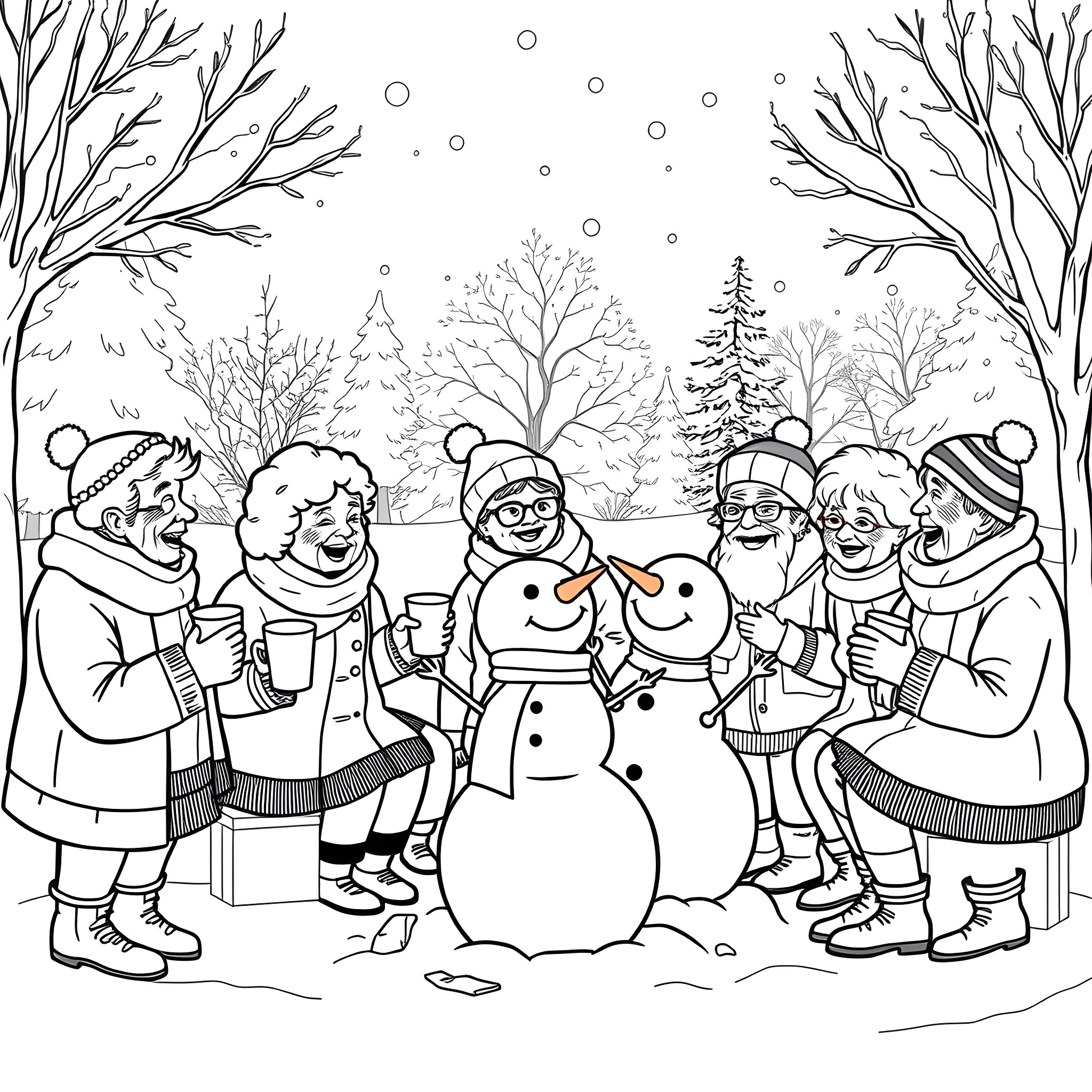 Senior Citizens Making Snowmen on a Snowy Day Coloring Page (free black-and-white line drawing printable PDF for all, from beginners to advanced learners, including children, teens, adults, and seniors)