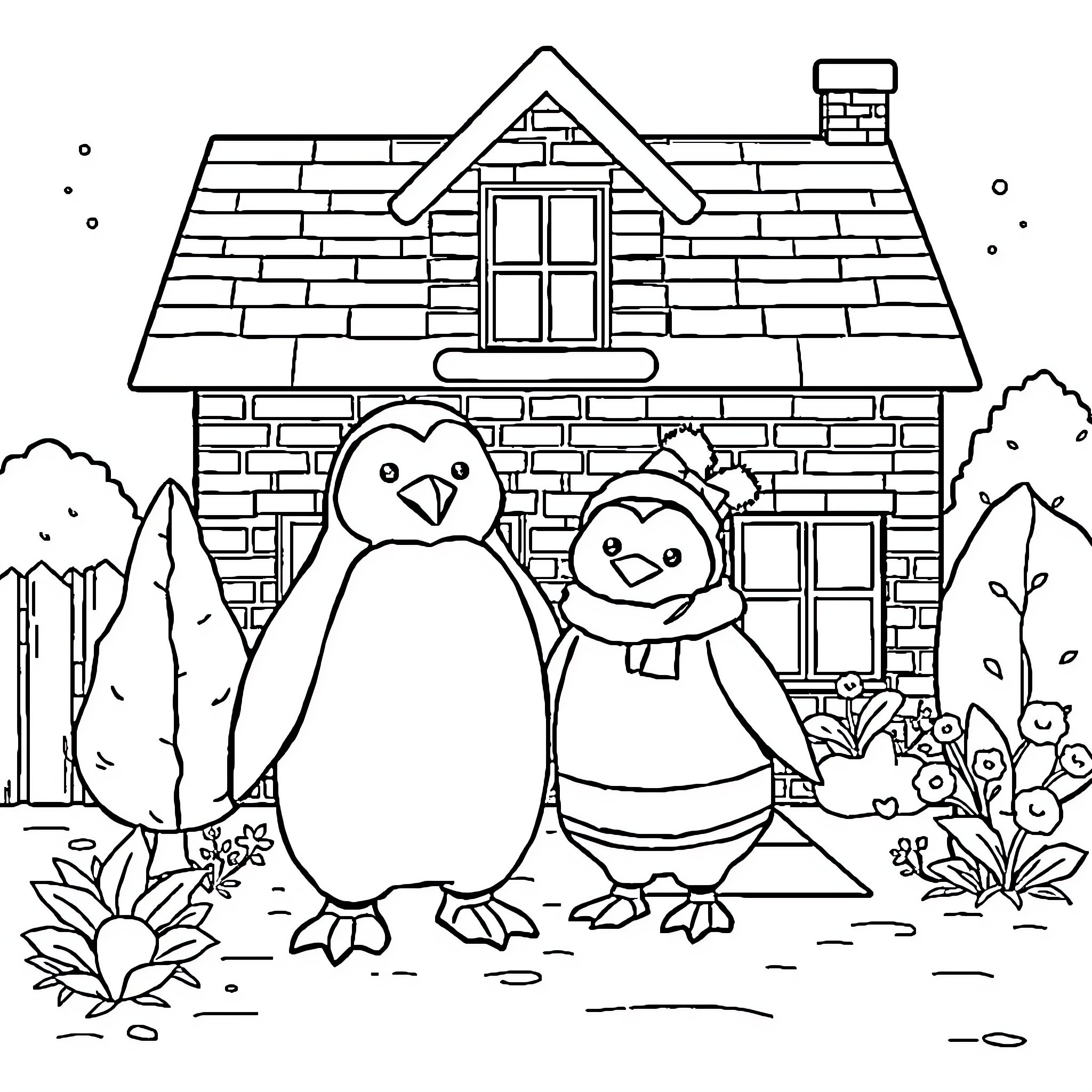 Penguin couple enjoying the outdoors near a cozy cottage Coloring Page (free black-and-white line drawing printable PDF for all, from beginners to advanced learners, including children, teens, adults, and seniors)