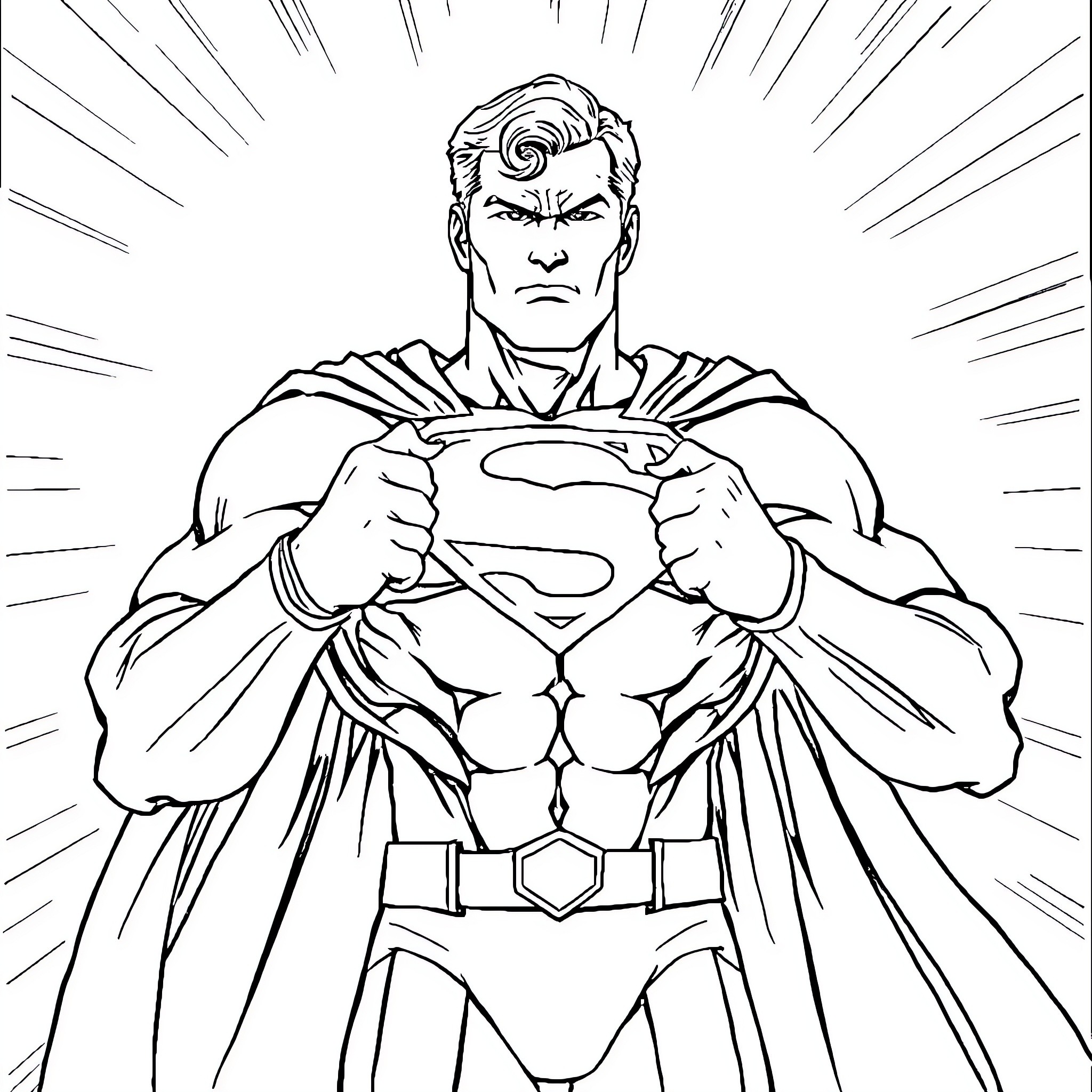 Superman in heroic pose with determination Coloring Page (free black-and-white line drawing printable PDF for all, from beginners to advanced learners, including children, teens, adults, and seniors)