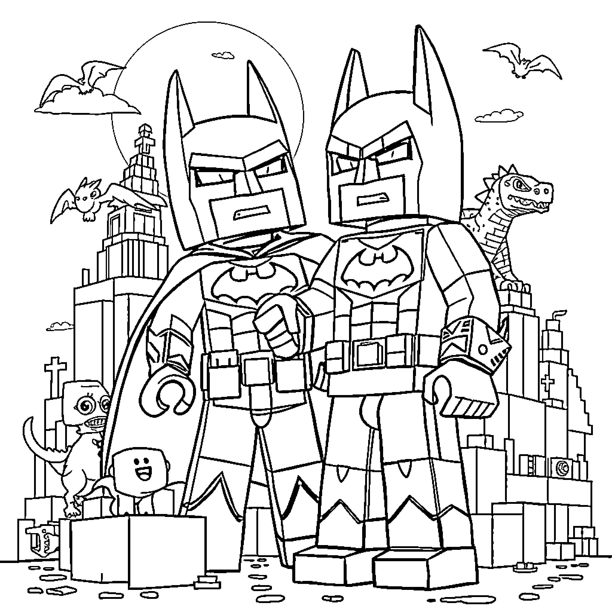 Minecraft Heroes Battling Villains in the City Coloring Page (free black-and-white line drawing printable PDF for all, from beginners to advanced learners, including children, teens, adults, and seniors)
