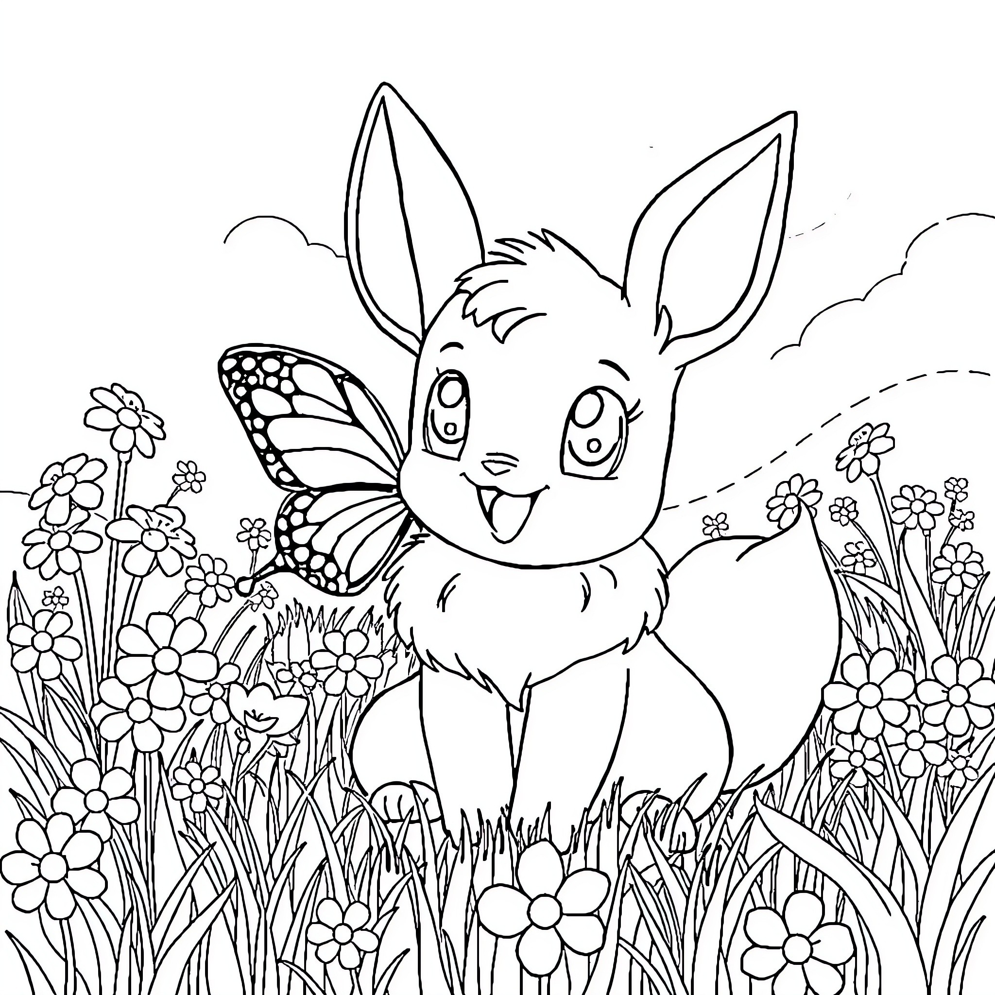 Eevee playing joyfully in a flowery meadow Coloring Page (free black-and-white line drawing printable PDF for all, from beginners to advanced learners, including children, teens, adults, and seniors)