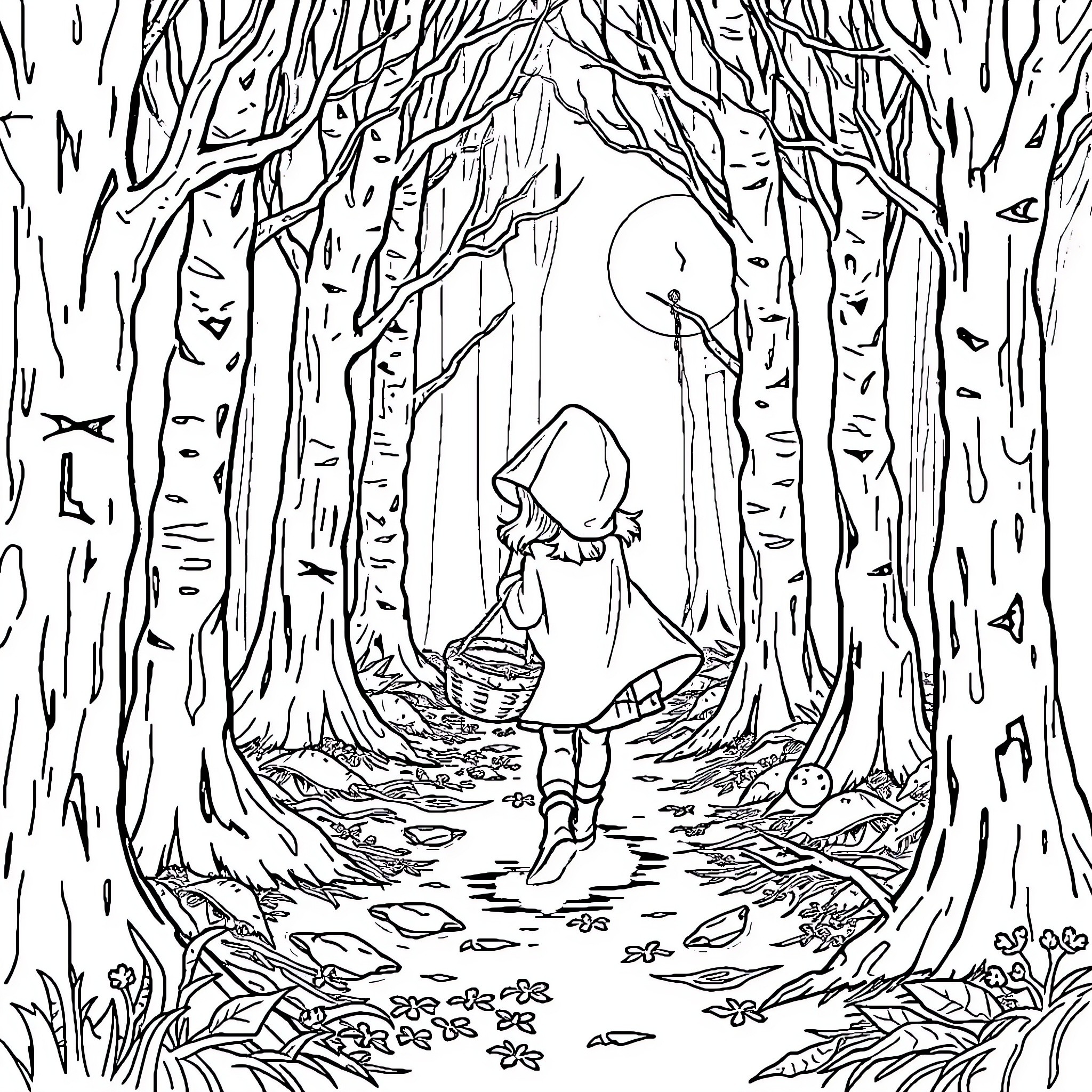 Red Riding Hood Journeys Through the Enchanted Forest Coloring Page (free black-and-white line drawing printable PDF for all, from beginners to advanced learners, including children, teens, adults, and seniors)