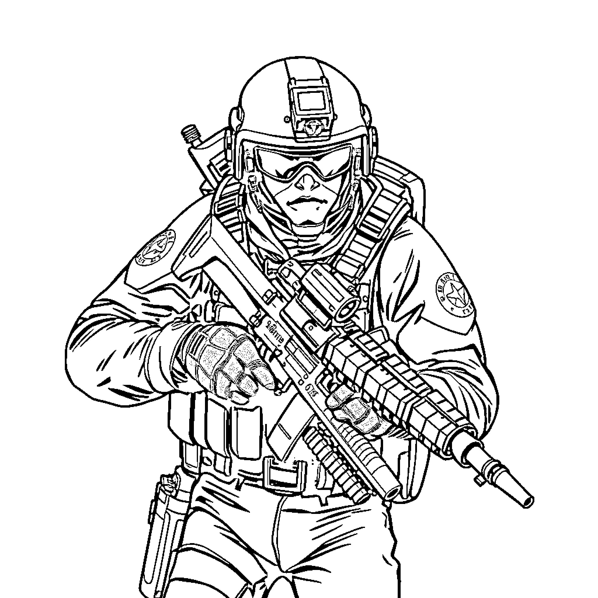 Seal Special Forces Soldier in Combat Gear Coloring Page (free black-and-white line drawing printable PDF for all, from beginners to advanced learners, including children, teens, adults, and seniors)