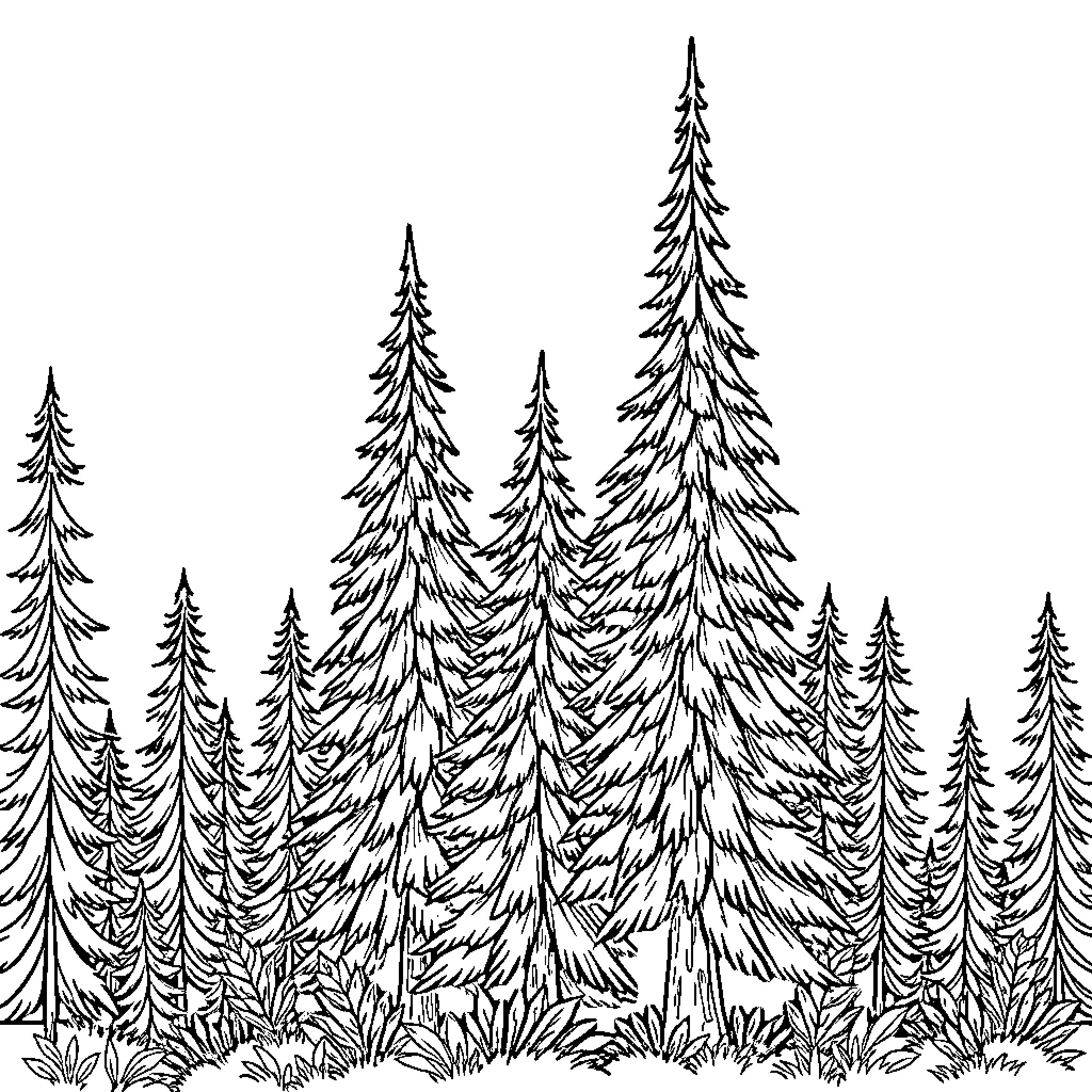 Pine trees in majestic forest landscape Coloring Page (free black-and-white line drawing printable PDF for all, from beginners to advanced learners, including children, teens, adults, and seniors)