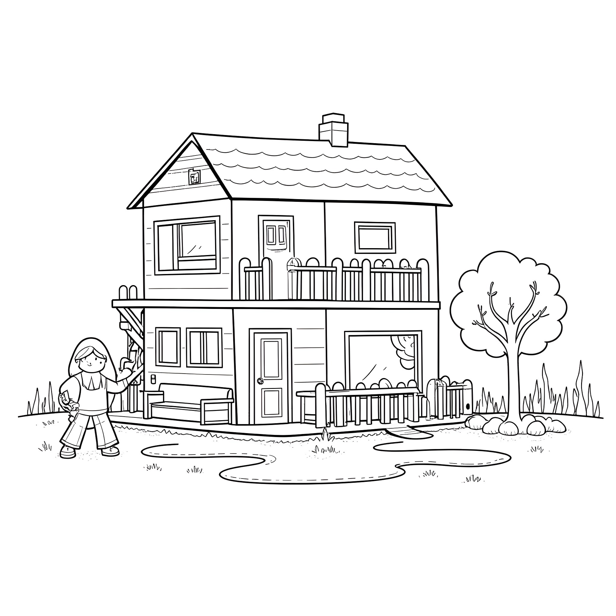 Dollhouse with a child playing in the yard Coloring Page (free black-and-white line drawing printable PDF for all, from beginners to advanced learners, including children, teens, adults, and seniors)