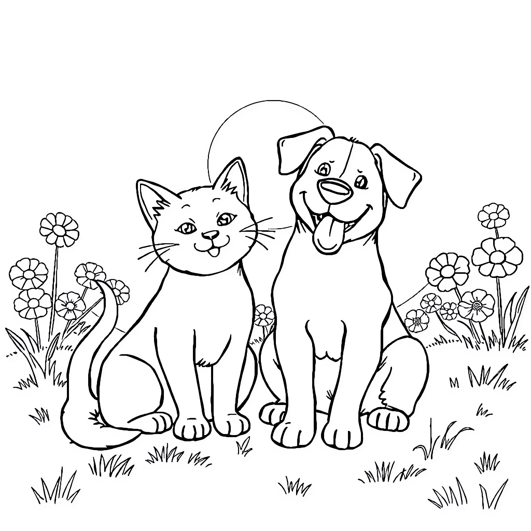 Cat and dog playing in the garden Coloring Page (free black-and-white line drawing printable PDF for all, from beginners to advanced learners, including children, teens, adults, and seniors)