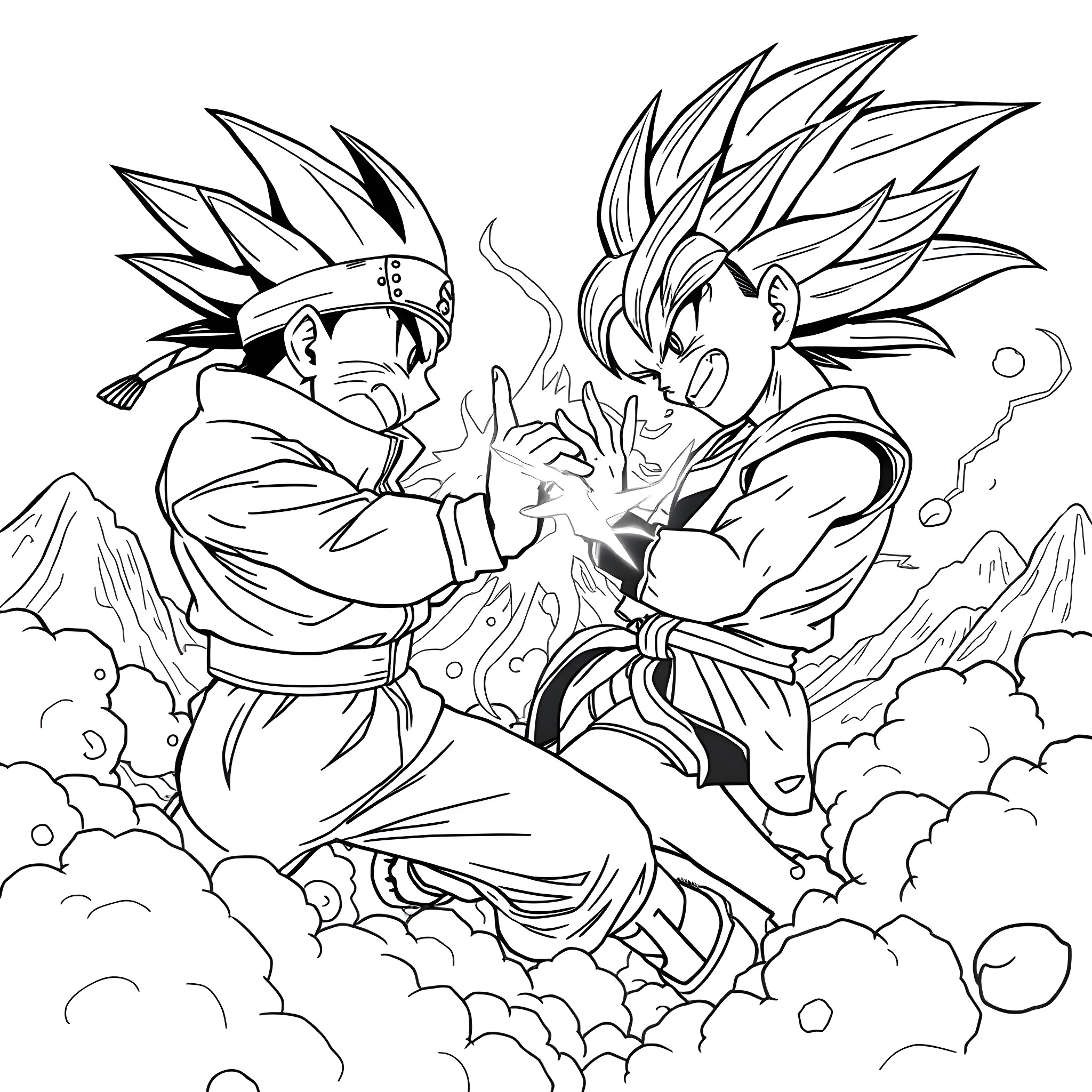 Naruto and Goku in fierce battle Coloring Page (free black-and-white line drawing printable PDF for all, from beginners to advanced learners, including children, teens, adults, and seniors)