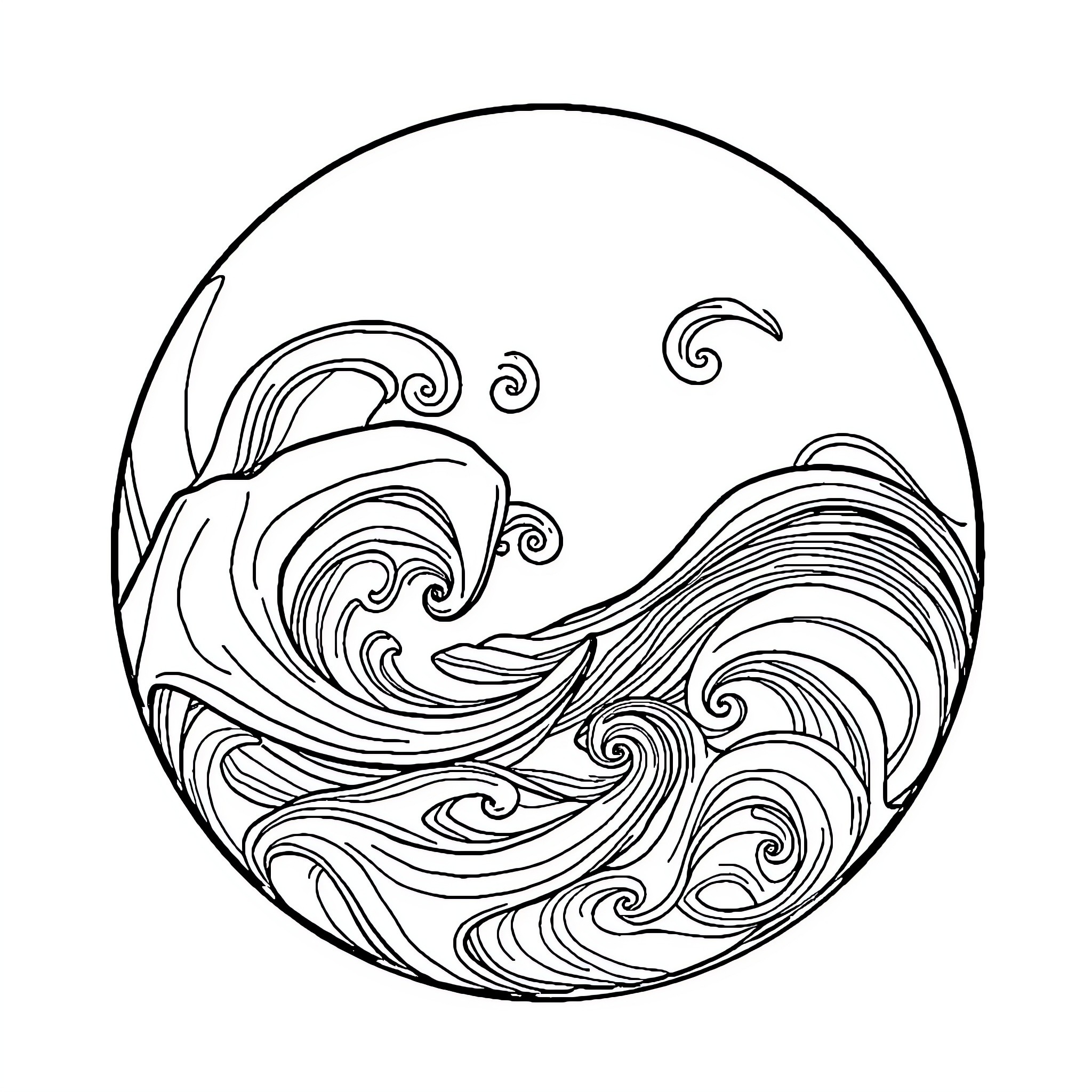 Wave of swirling pattern in a circular design Coloring Page (free black-and-white line drawing printable PDF for all, from beginners to advanced learners, including children, teens, adults, and seniors)