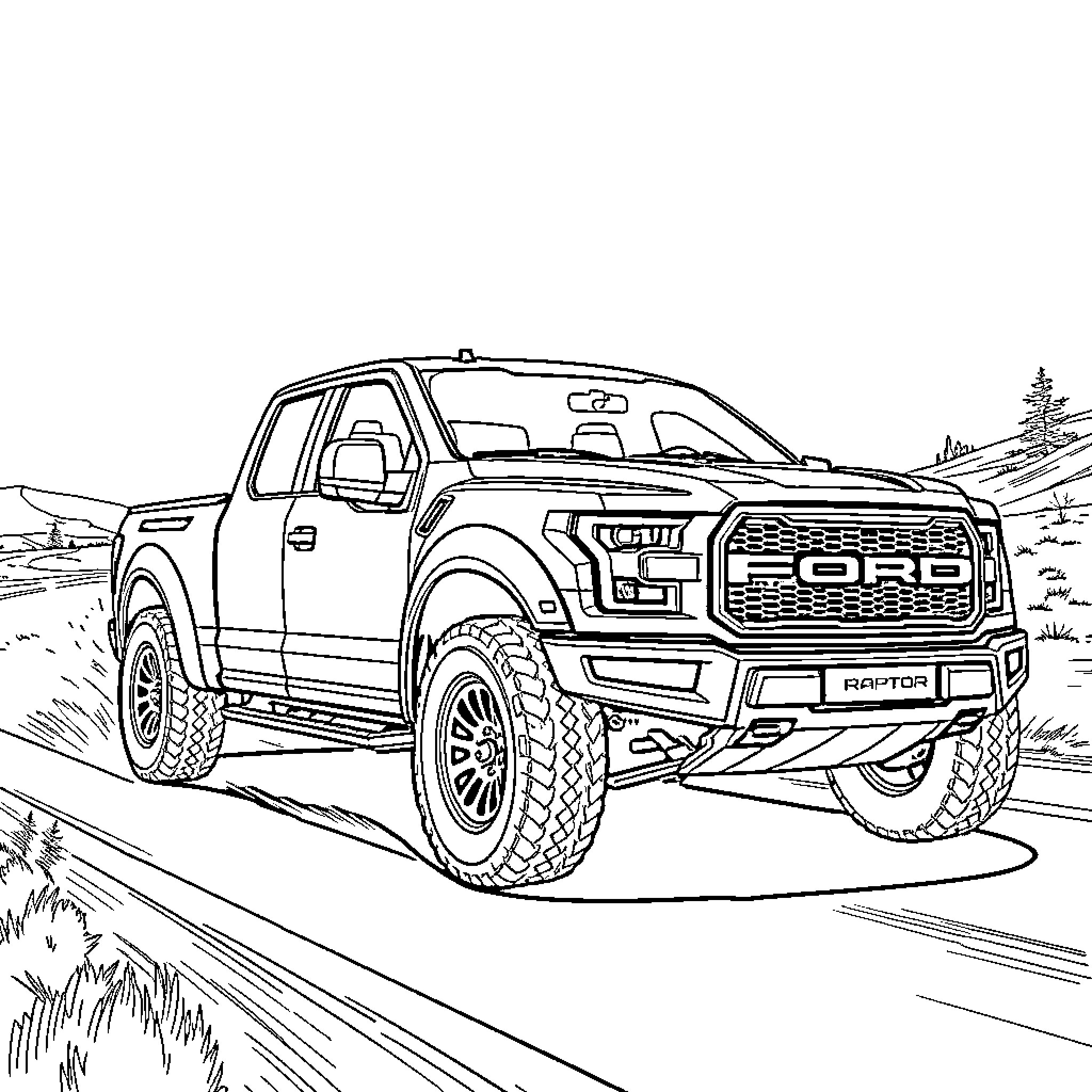 Ford Raptor offroading in nature Coloring Page (free black-and-white line drawing printable PDF for all, from beginners to advanced learners, including children, teens, adults, and seniors)