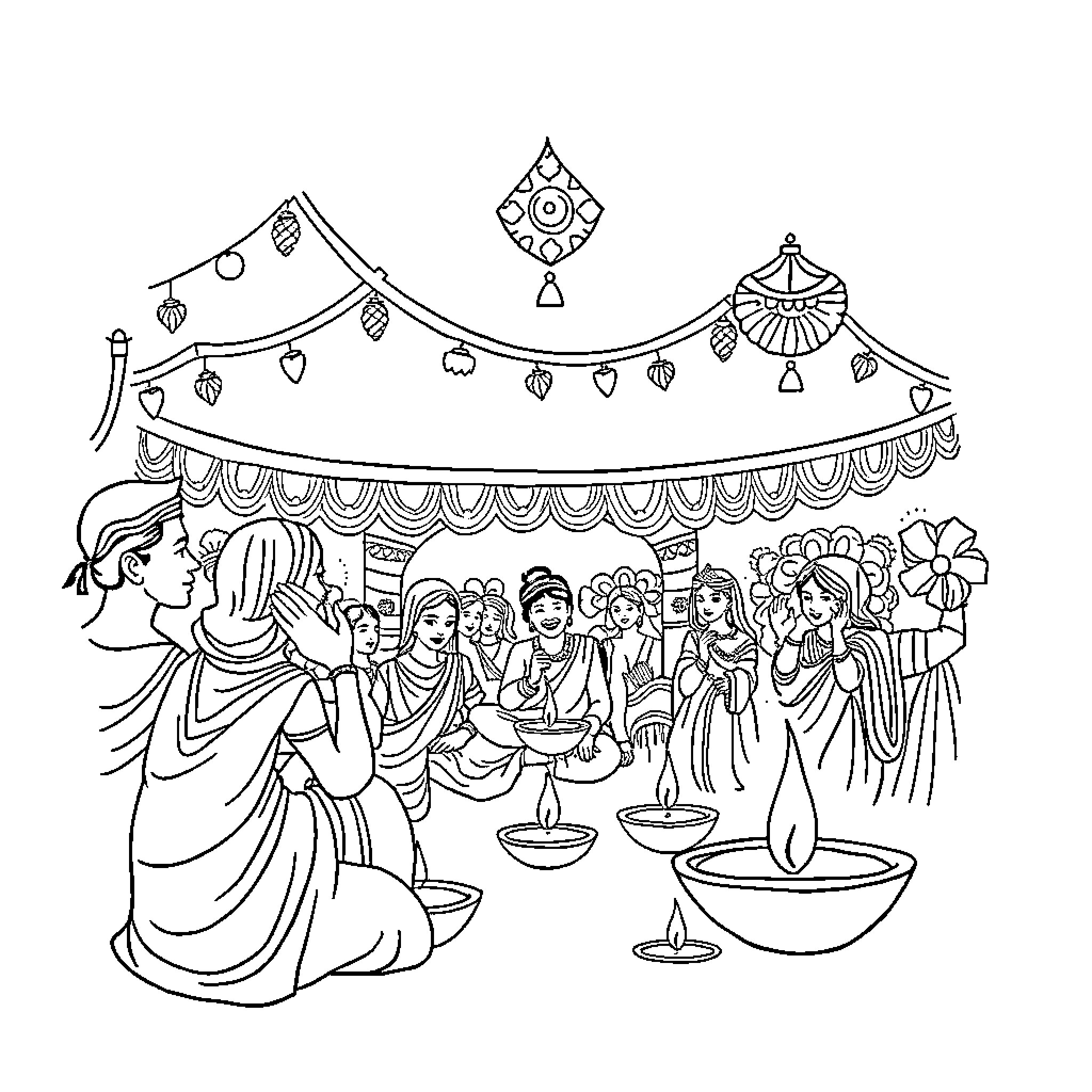 Diwali celebration with festive decorations and gathering Coloring Page (free black-and-white line drawing printable PDF for all, from beginners to advanced learners, including children, teens, adults, and seniors)