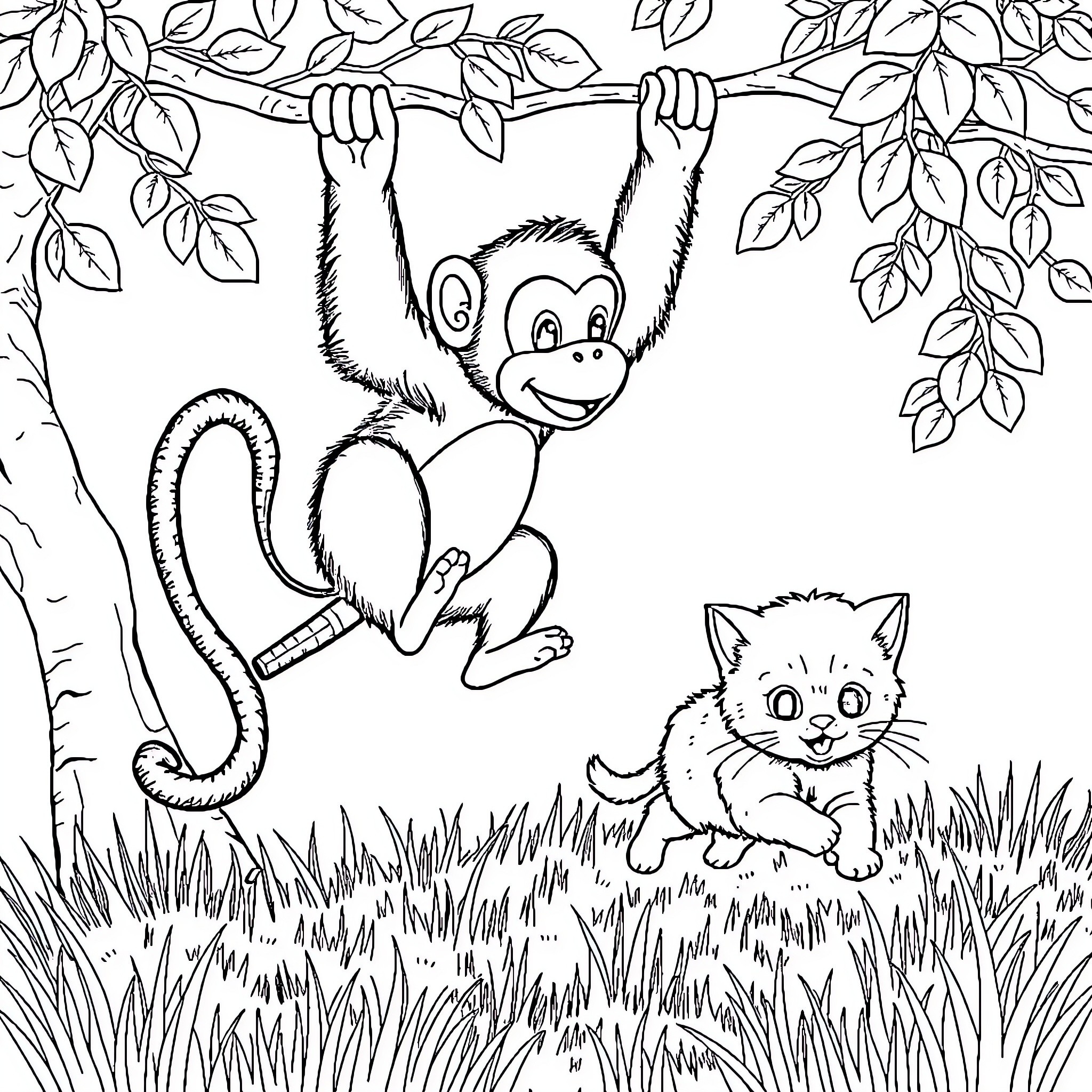 Monkey swinging playfully on branch with curious cat Coloring Page (free black-and-white line drawing printable PDF for all, from beginners to advanced learners, including children, teens, adults, and seniors)
