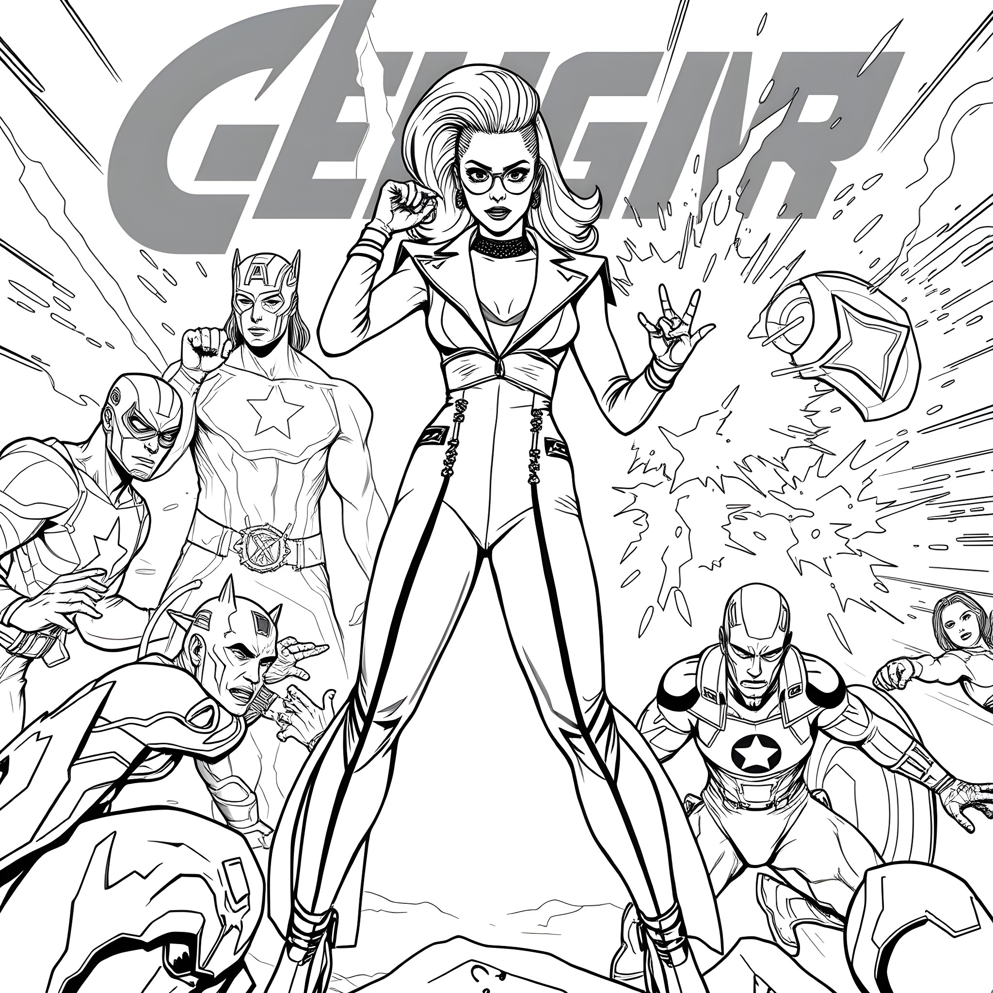 Lady Gaga Leads a Team of Superheroes in Epic Battle Coloring Page (free black-and-white line drawing printable PDF for all, from beginners to advanced learners, including children, teens, adults, and seniors)