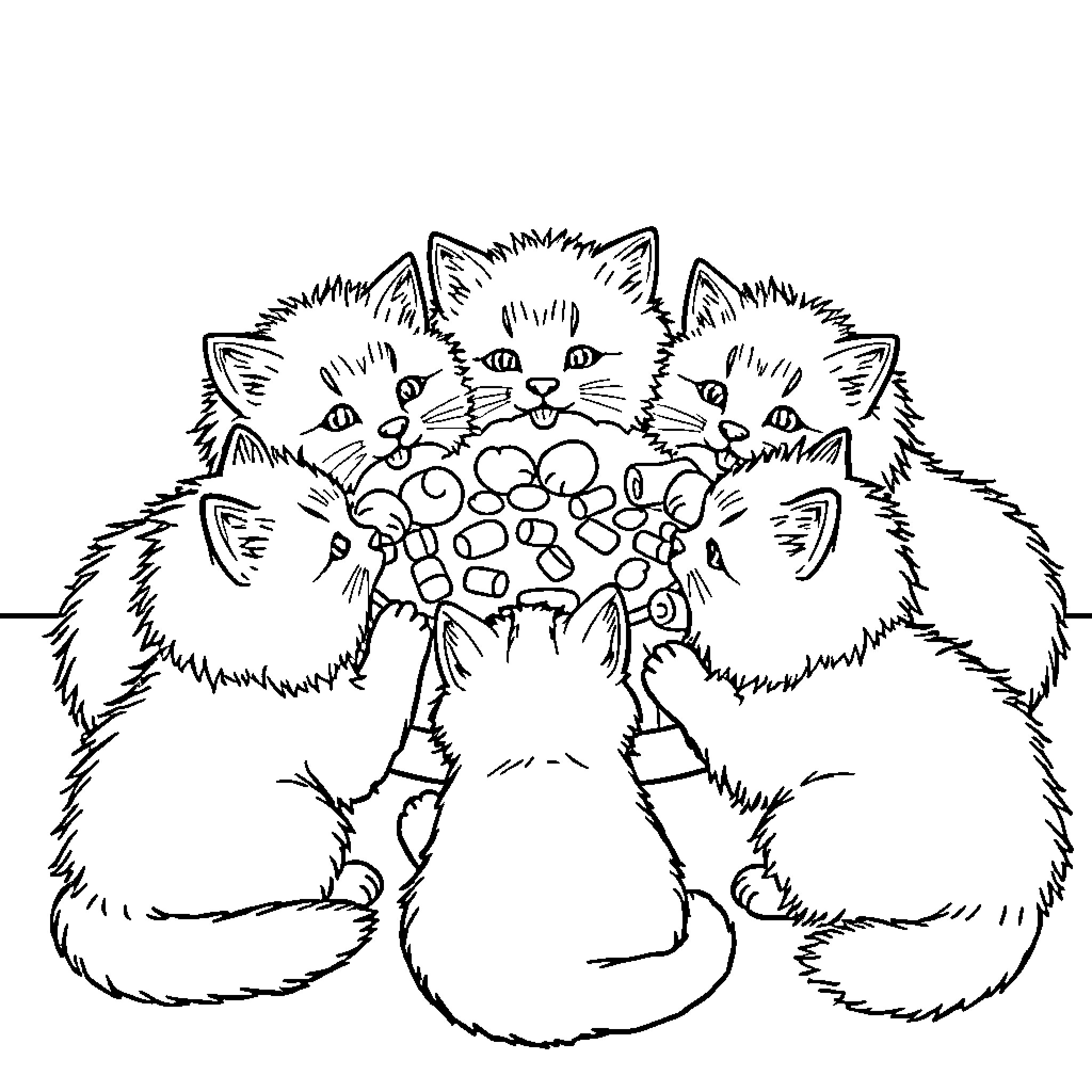 Cat cuddling a bouquet of flowers Coloring Page (free black-and-white line drawing printable PDF for all, from beginners to advanced learners, including children, teens, adults, and seniors)