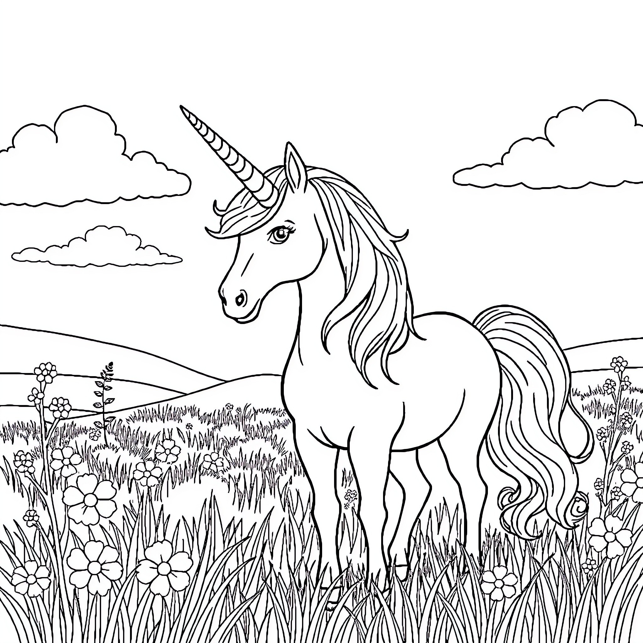 Unicorn standing proudly in a grassy field Coloring Page (free black-and-white line drawing printable PDF for all, from beginners to advanced learners, including children, teens, adults, and seniors)