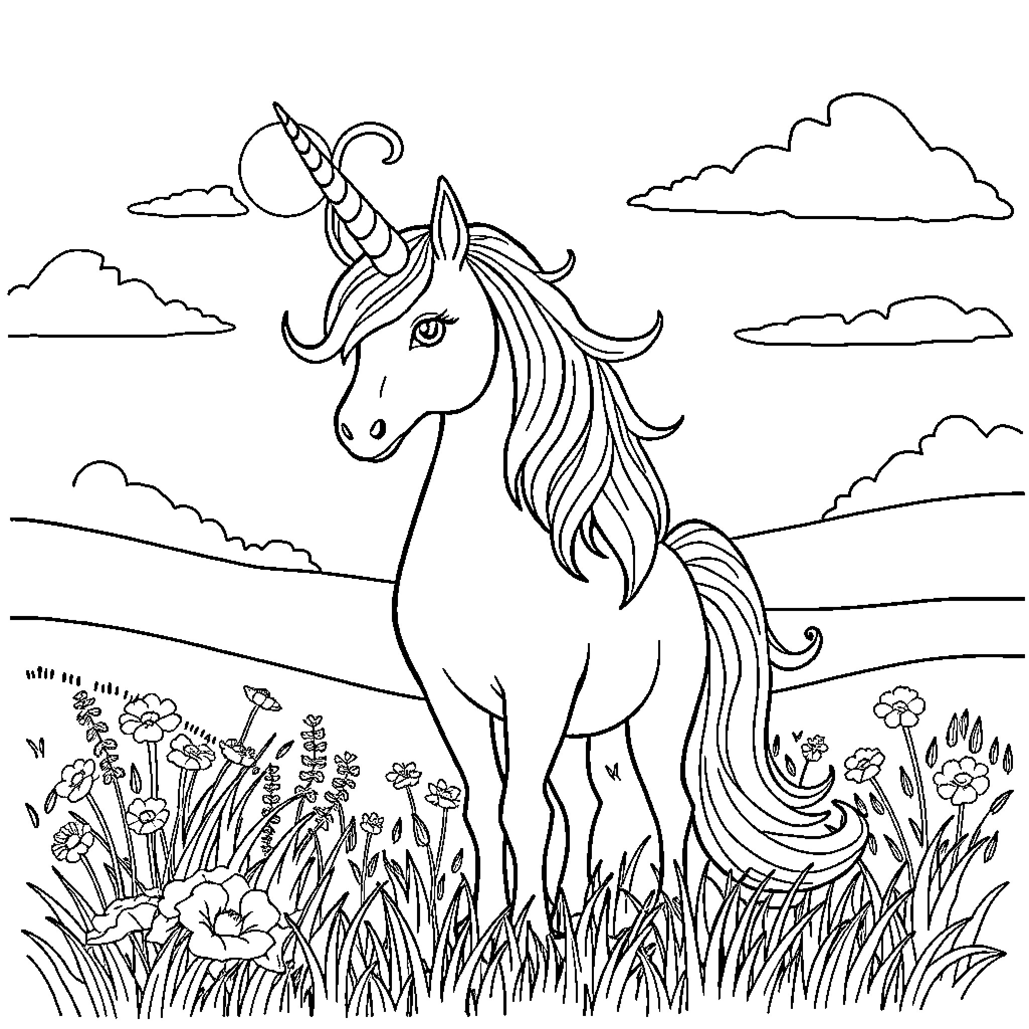 Unicorn standing majestically in a floral field Coloring Page (free black-and-white line drawing printable PDF for all, from beginners to advanced learners, including children, teens, adults, and seniors)