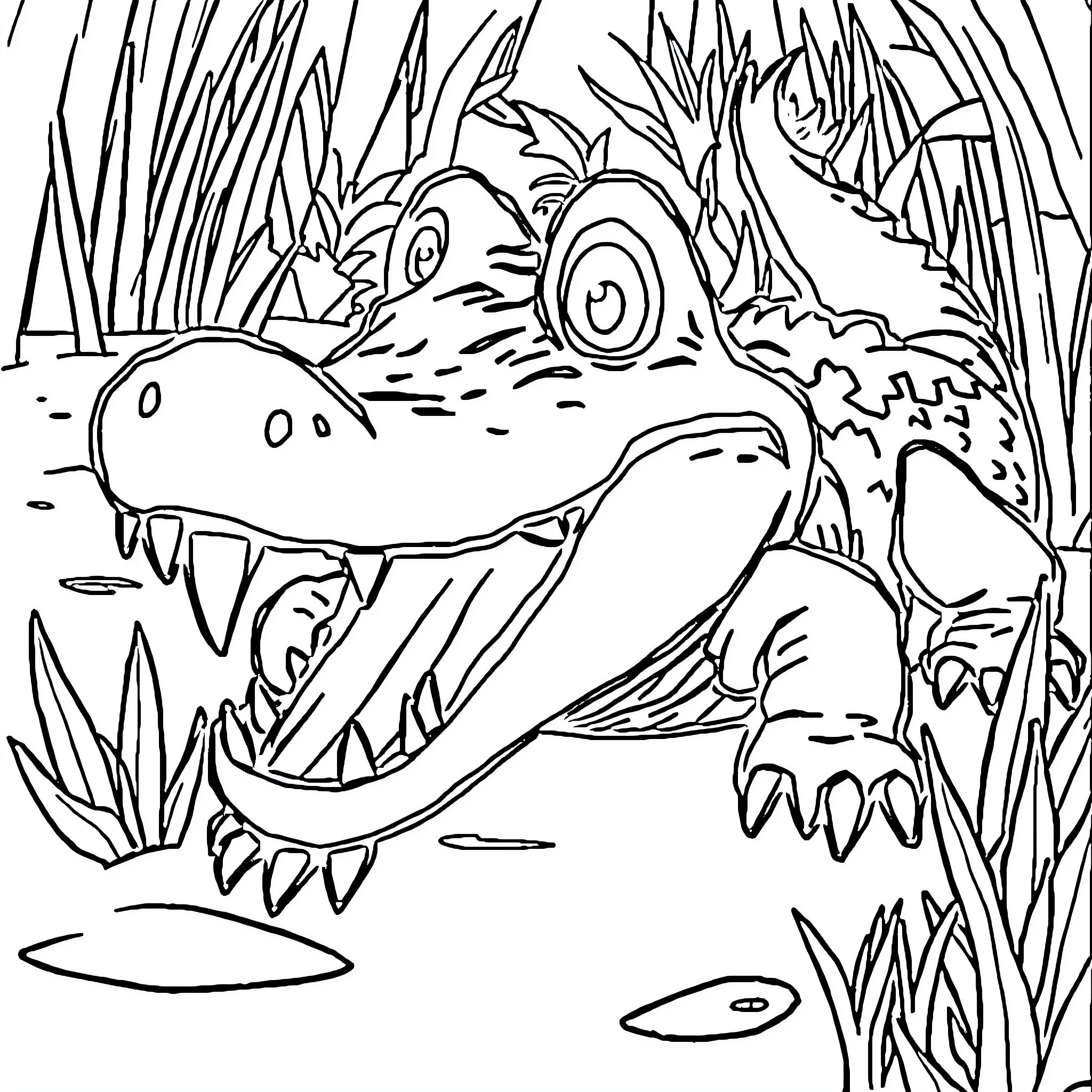 Alligator Emerging from Lush Undergrowth Coloring Page (free black-and-white line drawing printable PDF for all, from beginners to advanced learners, including children, teens, adults, and seniors)
