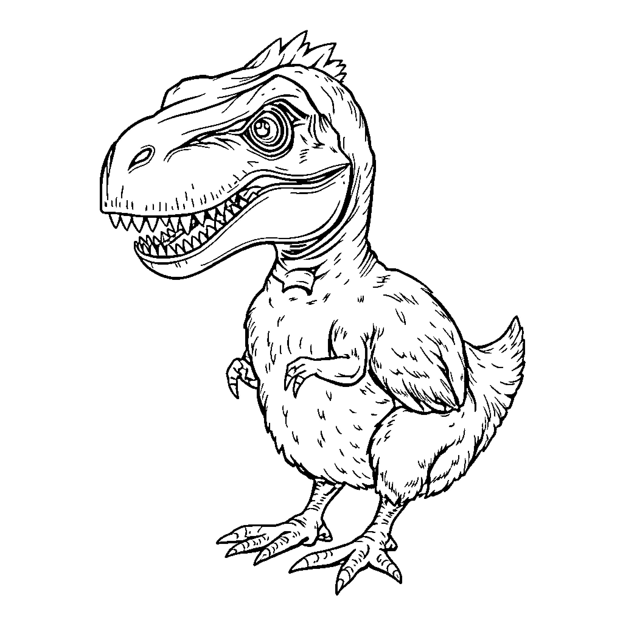 T-Rex Chick Showing Playful Expression Coloring Page (free black-and-white line drawing printable PDF for all, from beginners to advanced learners, including children, teens, adults, and seniors)