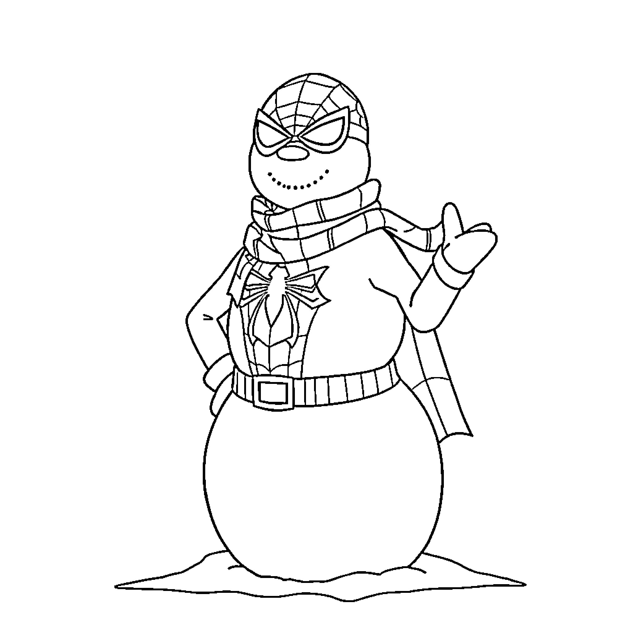 Snowman dressed as a superhero in the winter Coloring Page (free black-and-white line drawing printable PDF for all, from beginners to advanced learners, including children, teens, adults, and seniors)