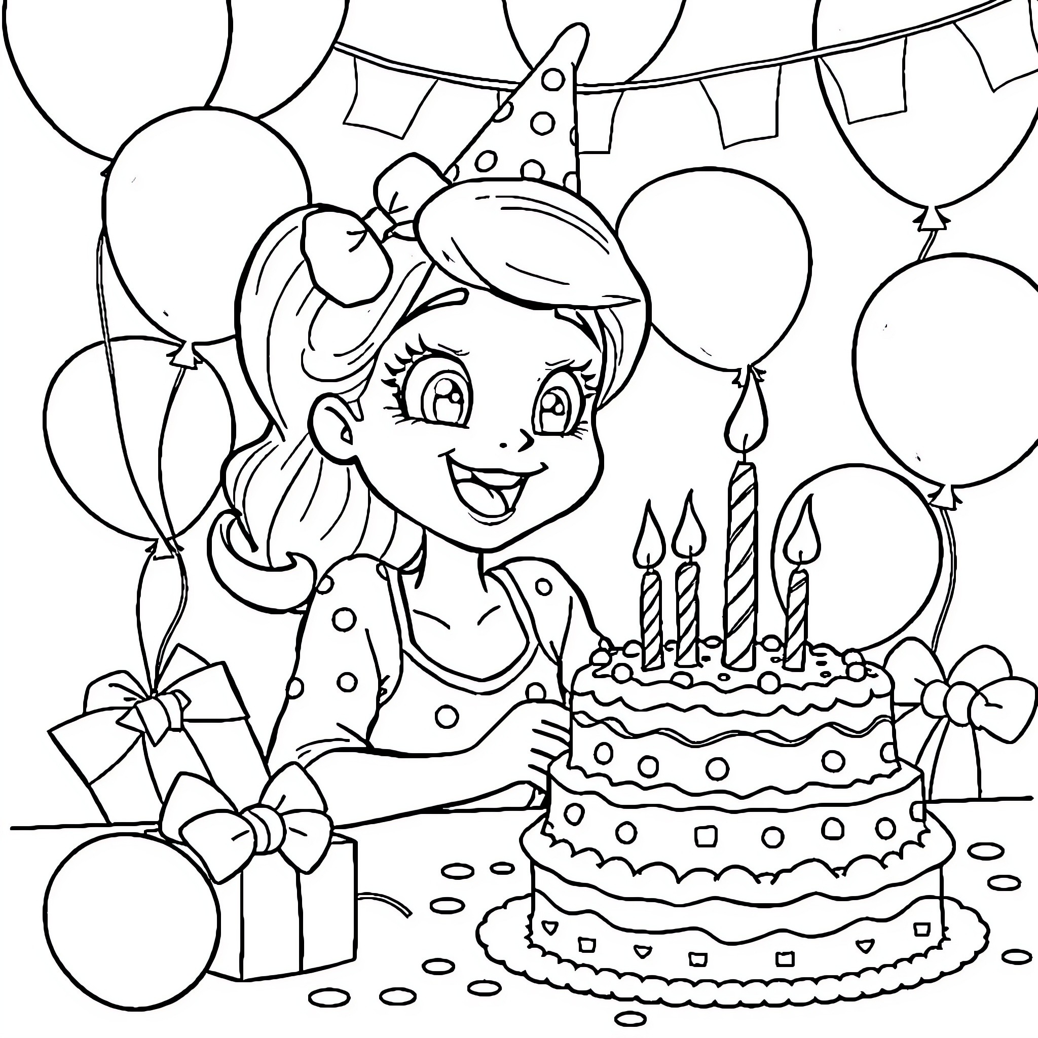 Bluey celebrating a birthday party with cake and balloons Coloring Page (free black-and-white line drawing printable PDF for all, from beginners to advanced learners, including children, teens, adults, and seniors)
