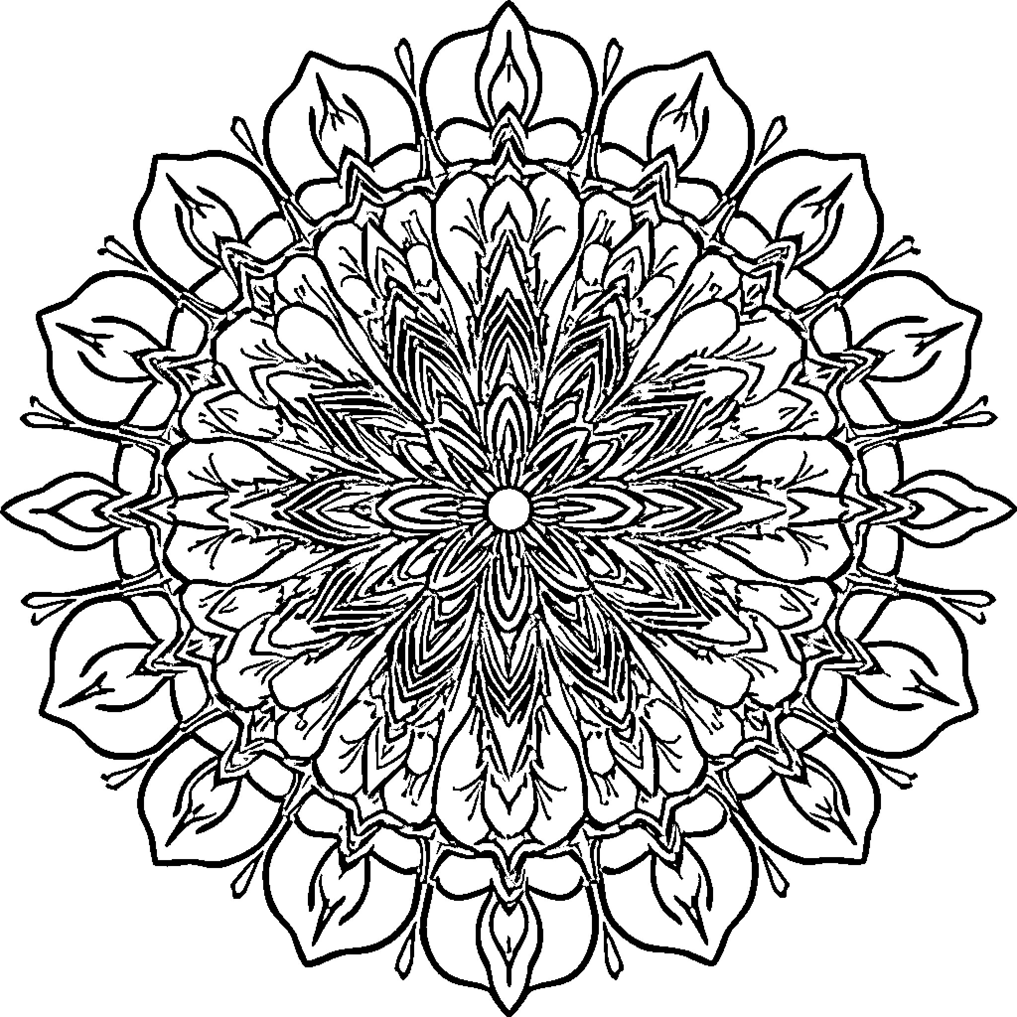 Flower mandala with intricate design Coloring Page (free black-and-white line drawing printable PDF for all, from beginners to advanced learners, including children, teens, adults, and seniors)