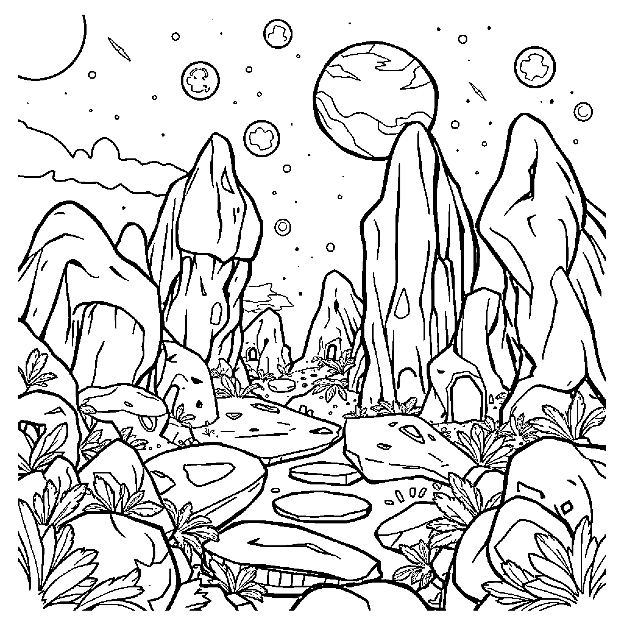 Sol in the Cosmic Expanse Coloring Page (free black-and-white line drawing printable PDF for all, from beginners to advanced learners, including children, teens, adults, and seniors)