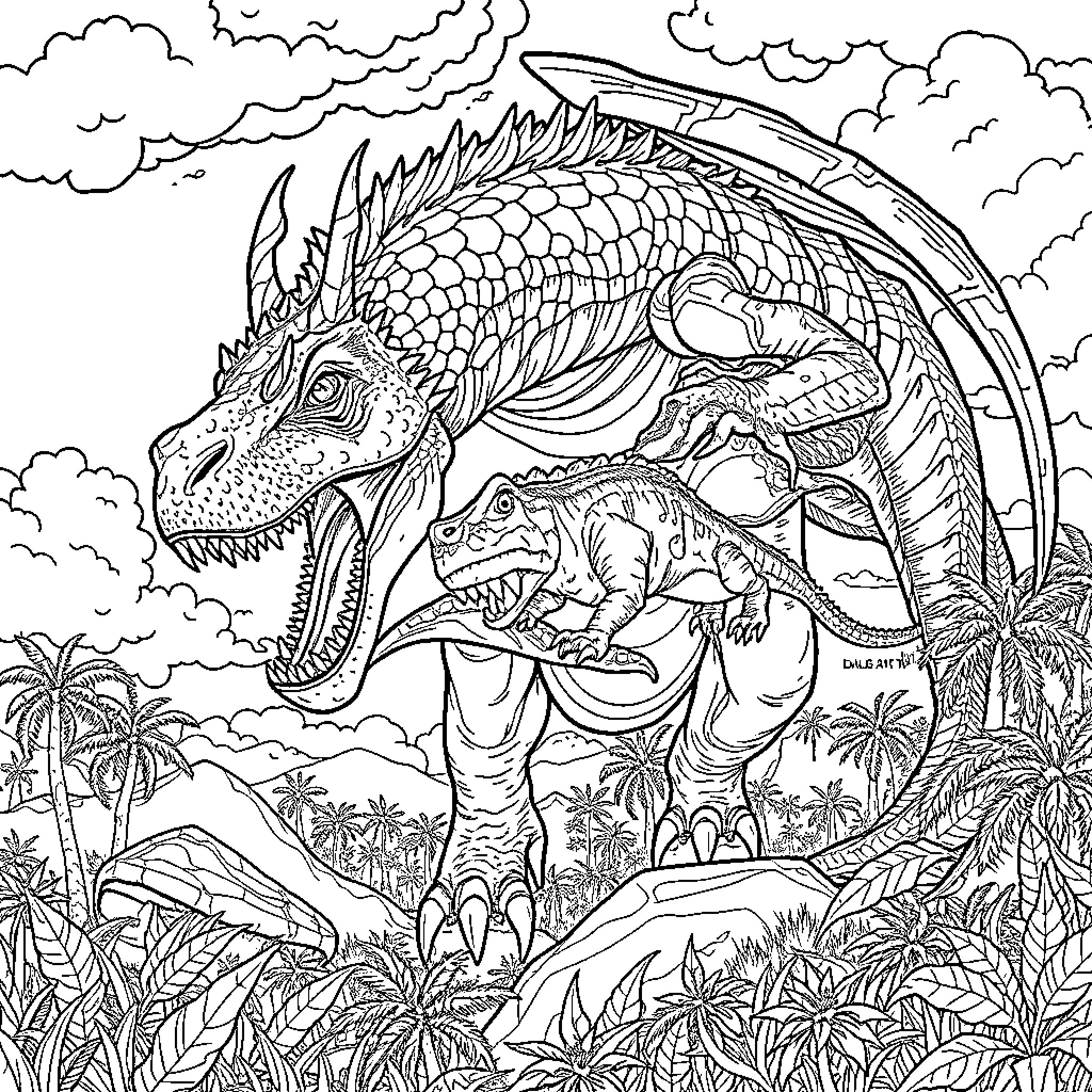 Dragon unleashing its mighty roar in the jungle Coloring Page (free black-and-white line drawing printable PDF for all, from beginners to advanced learners, including children, teens, adults, and seniors)