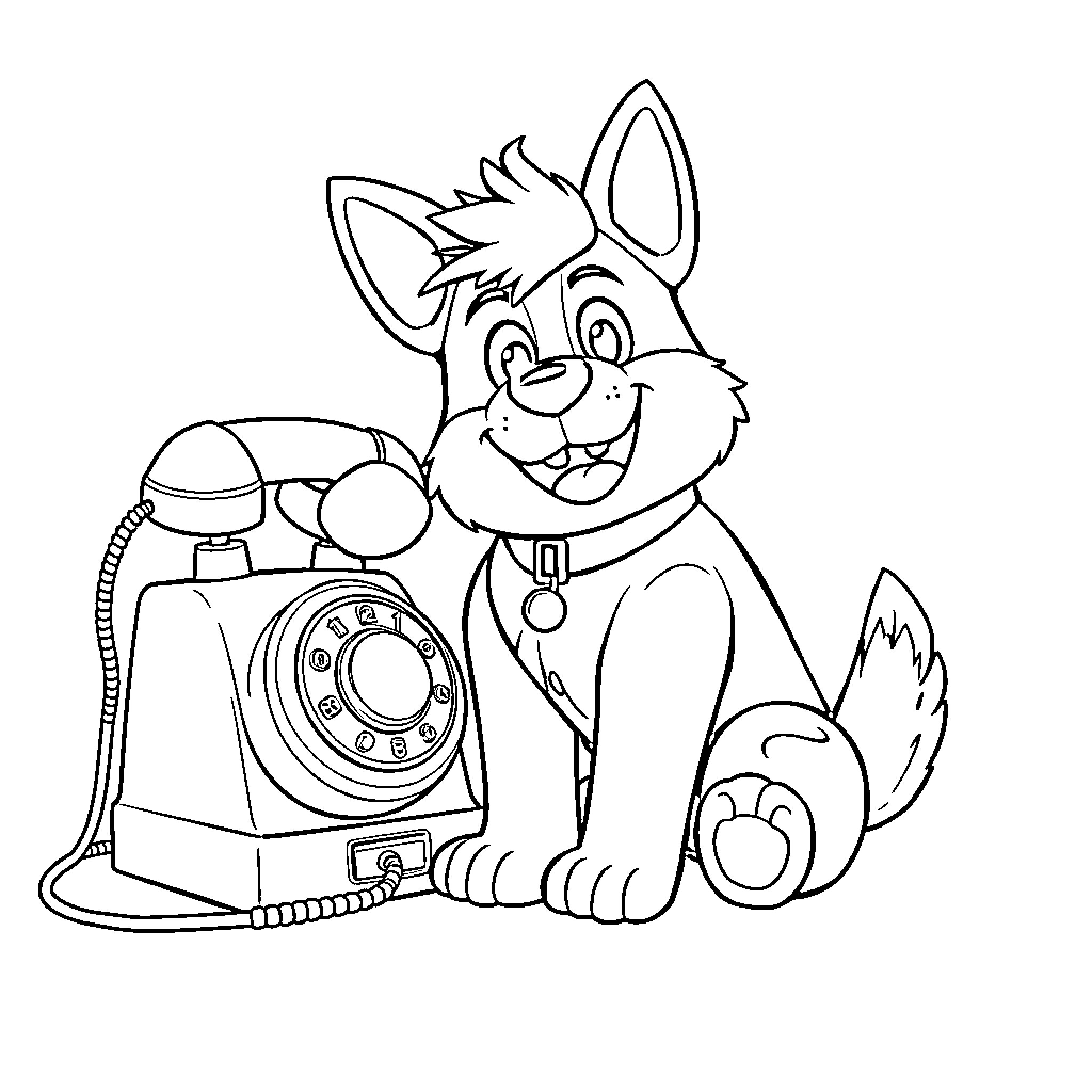 Talking Ben playing with telephone Coloring Page (free black-and-white line drawing printable PDF for all, from beginners to advanced learners, including children, teens, adults, and seniors)