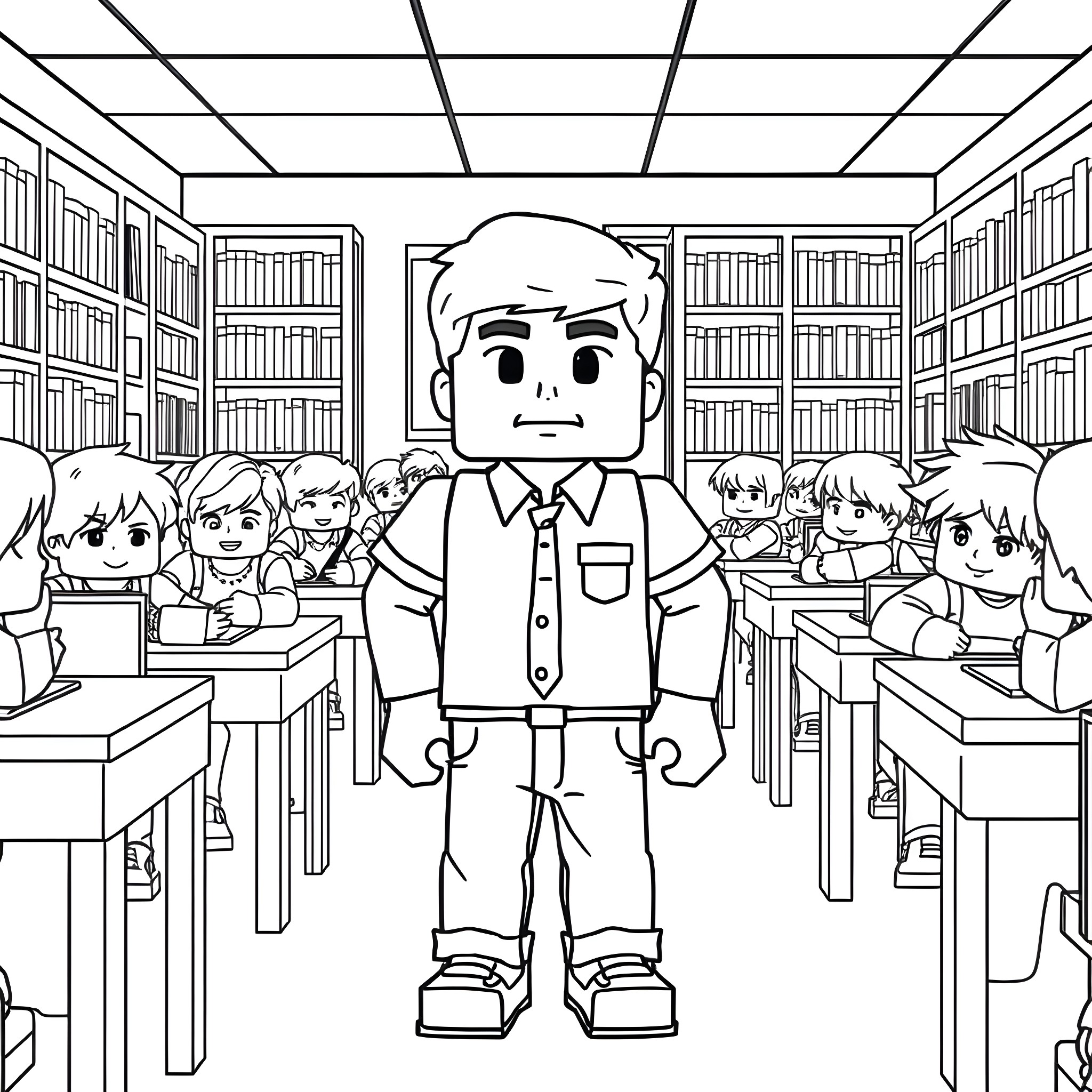 Minecraft Boy in Classroom with Bookshelves Coloring Page (free black-and-white line drawing printable PDF for all, from beginners to advanced learners, including children, teens, adults, and seniors)