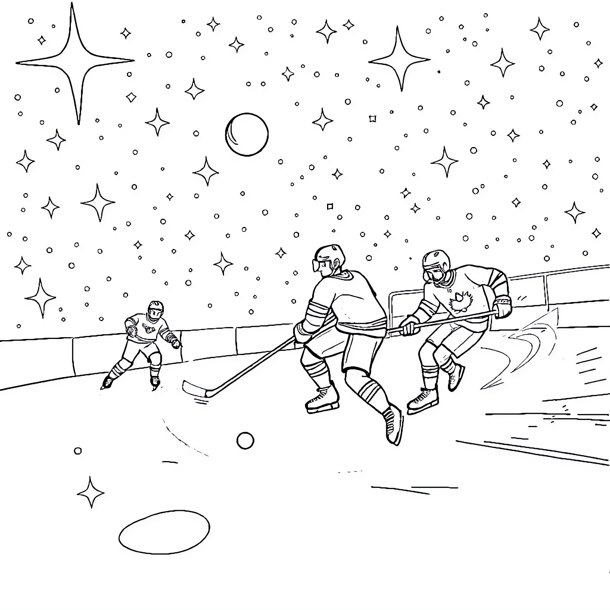 Hockey players in action under the starry night Coloring Page (free black-and-white line drawing printable PDF for all, from beginners to advanced learners, including children, teens, adults, and seniors)
