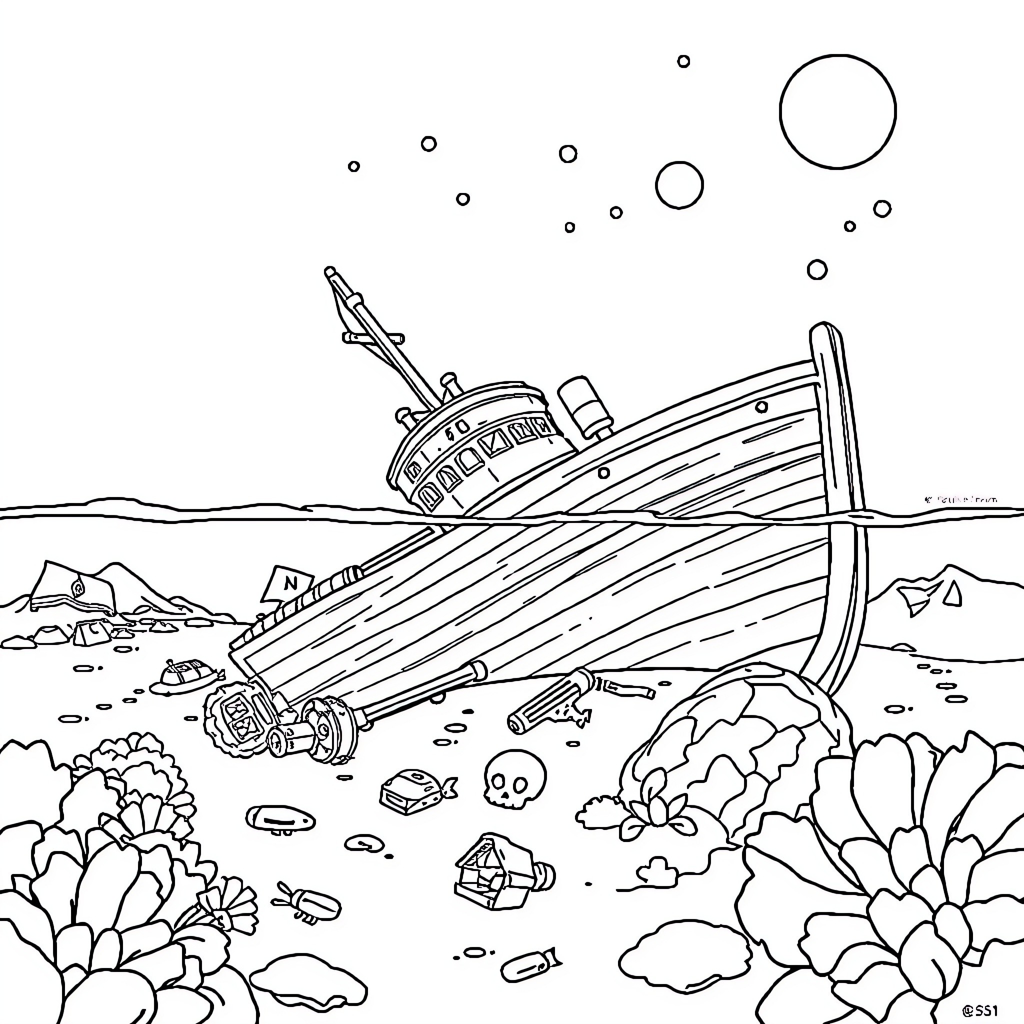 Wreckage of a boat on the seafloor Coloring Page (free black-and-white line drawing printable PDF for all, from beginners to advanced learners, including children, teens, adults, and seniors)