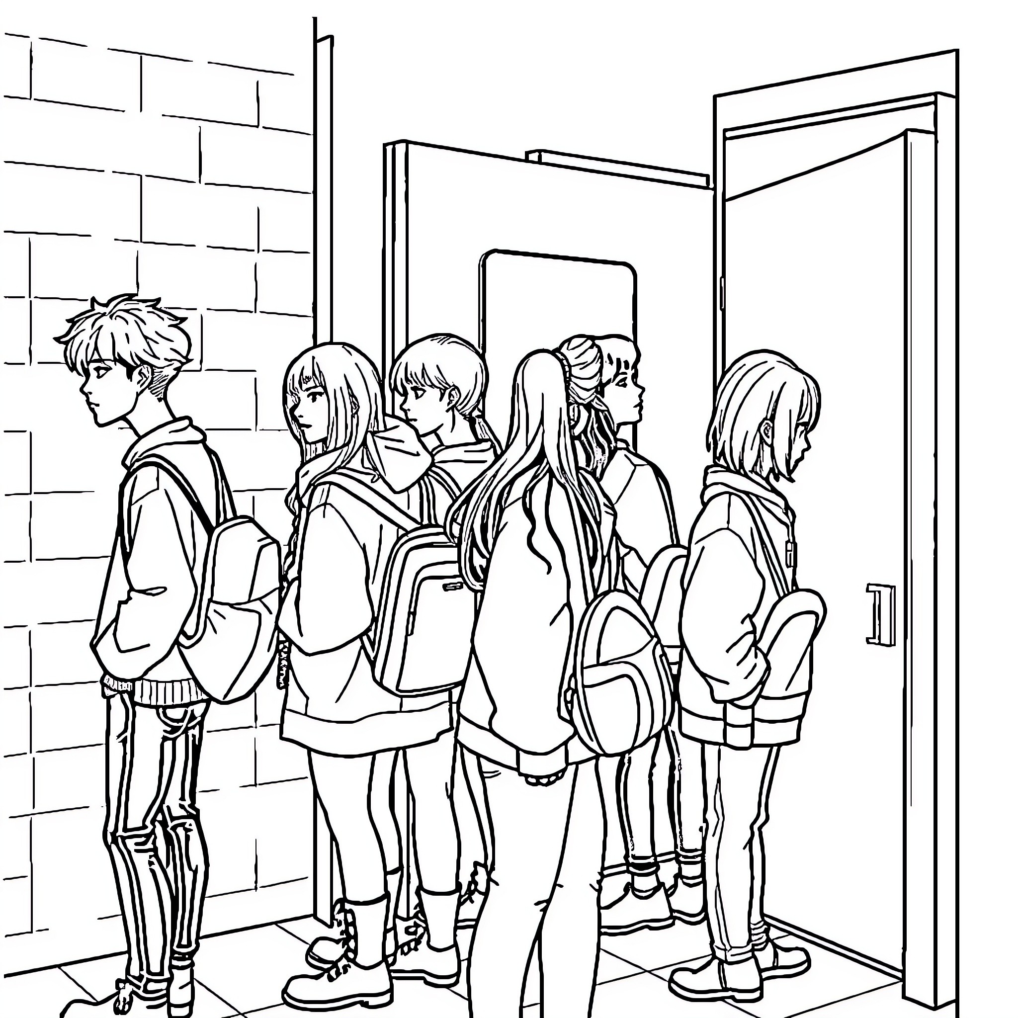 Kpop Star group entering backstage area Coloring Page (free black-and-white line drawing printable PDF for all, from beginners to advanced learners, including children, teens, adults, and seniors)