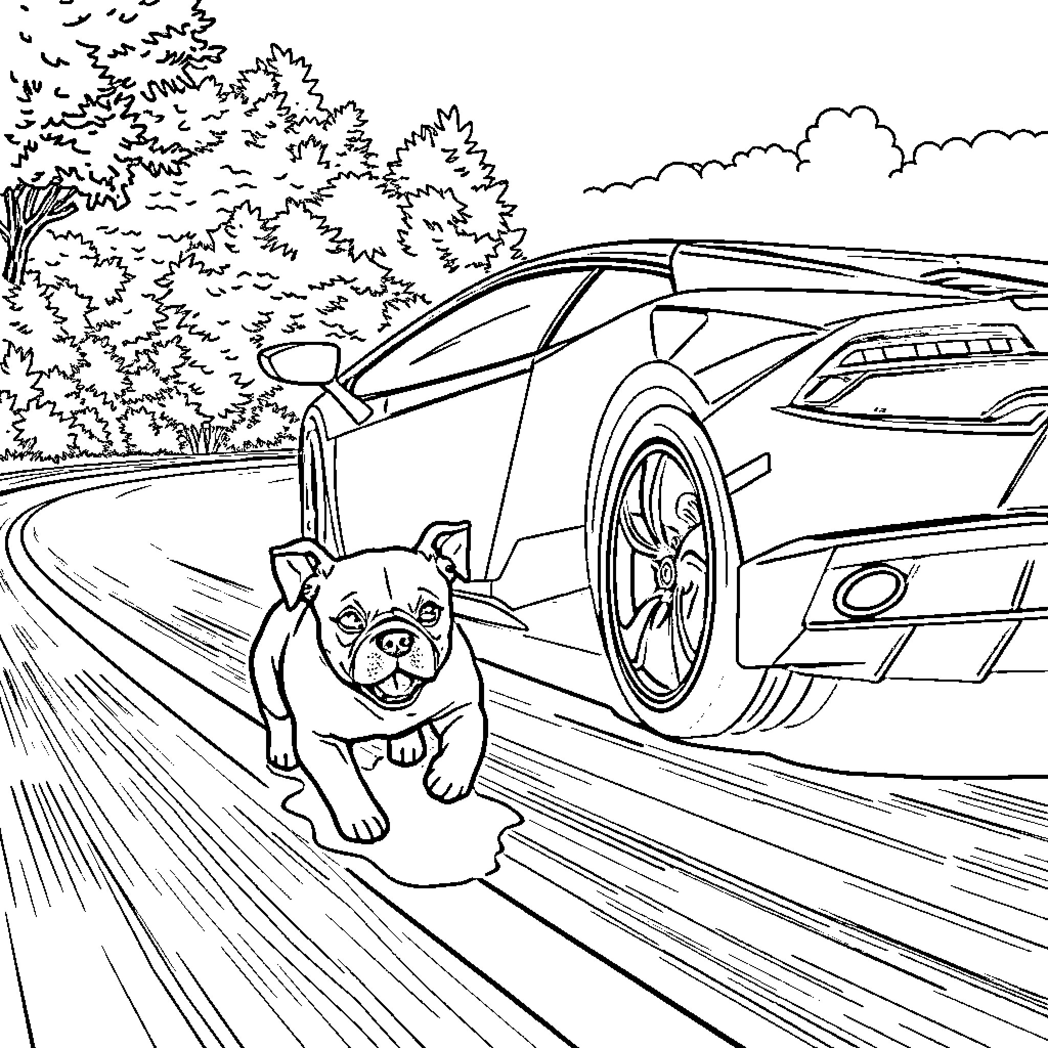 Dog chasing after a speeding car on the road Coloring Page (free black-and-white line drawing printable PDF for all, from beginners to advanced learners, including children, teens, adults, and seniors)