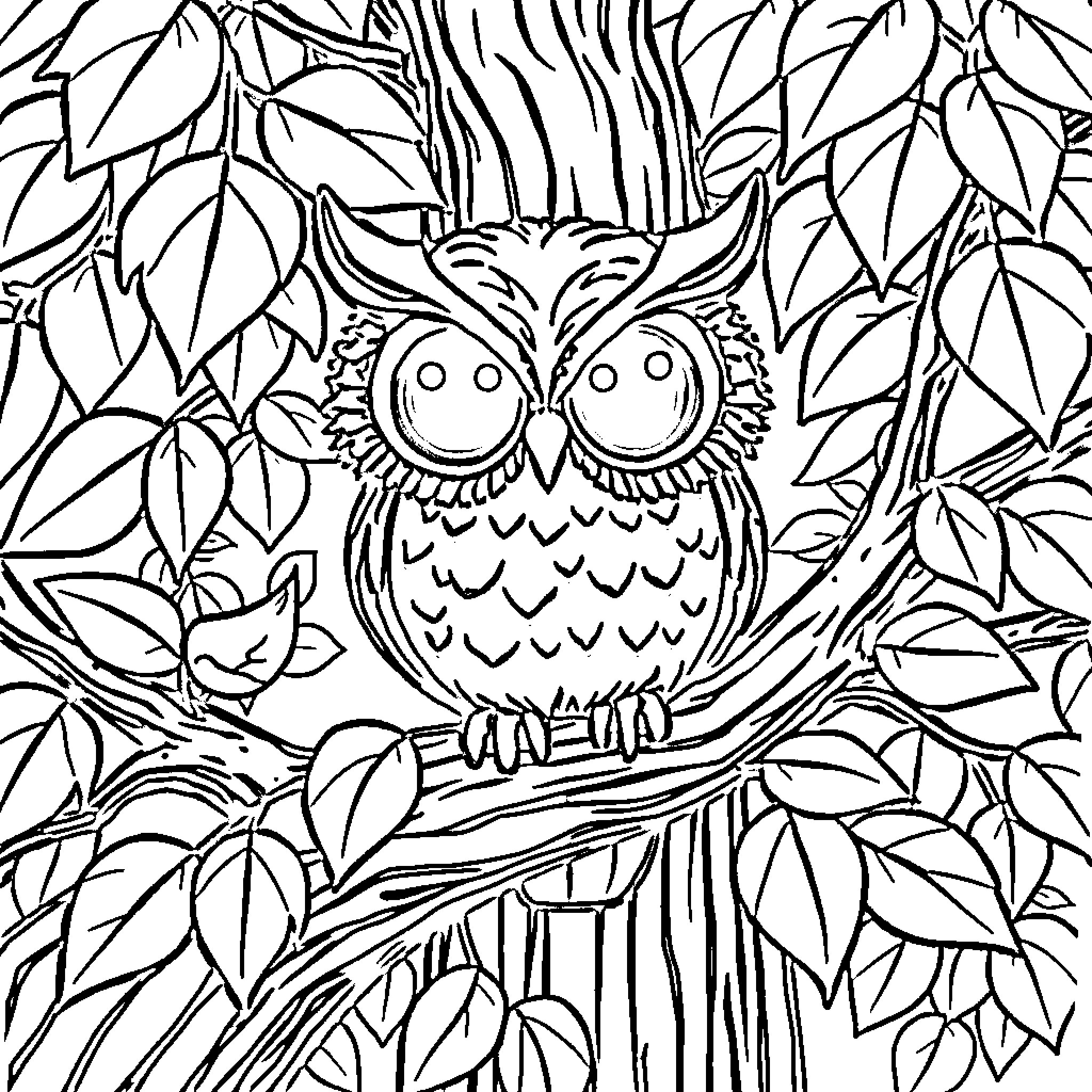 Owl in a Leafy Forest Coloring Page (free black-and-white line drawing printable PDF for all, from beginners to advanced learners, including children, teens, adults, and seniors)
