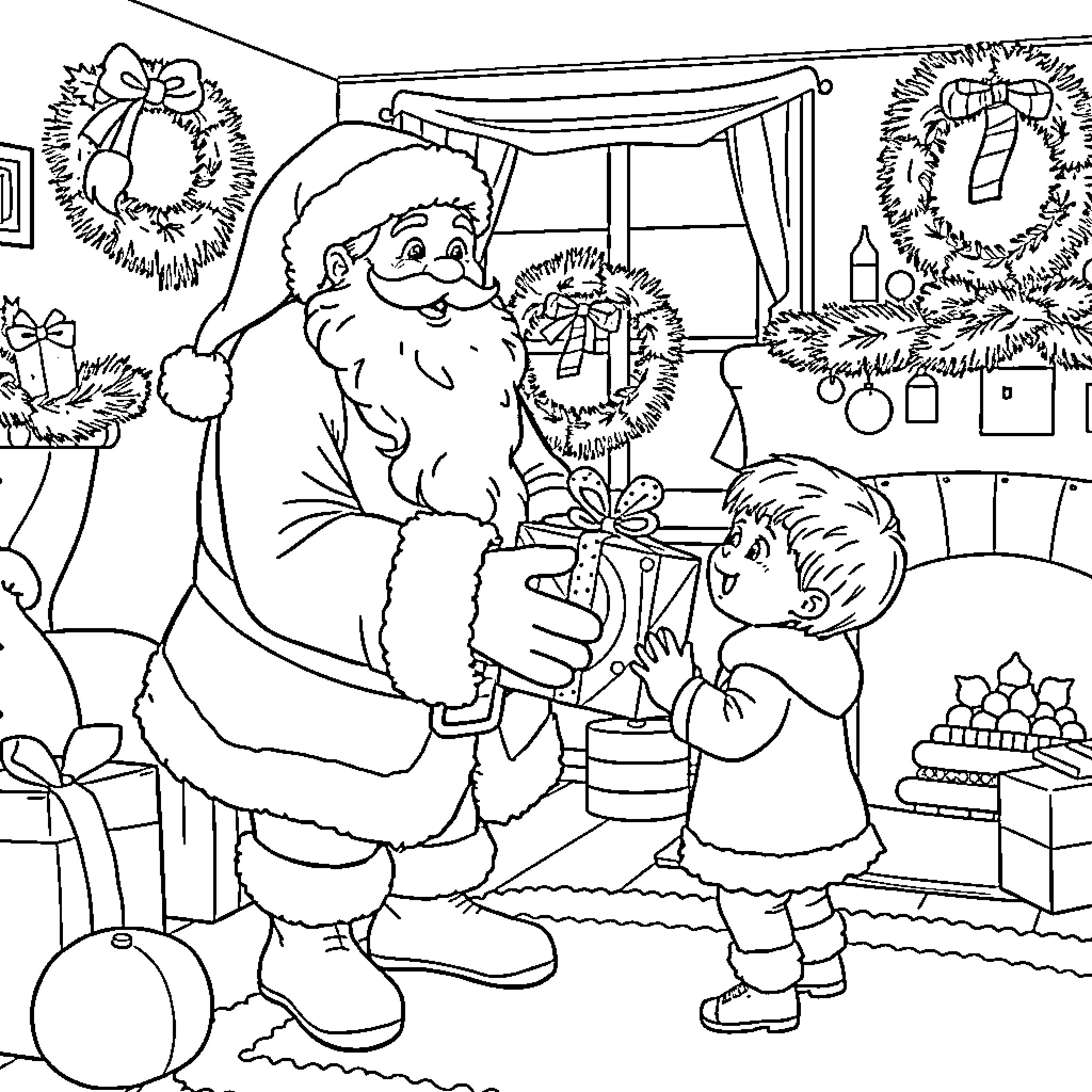 Santa Claus giving a gift to a young child Coloring Page (free black-and-white line drawing printable PDF for all, from beginners to advanced learners, including children, teens, adults, and seniors)
