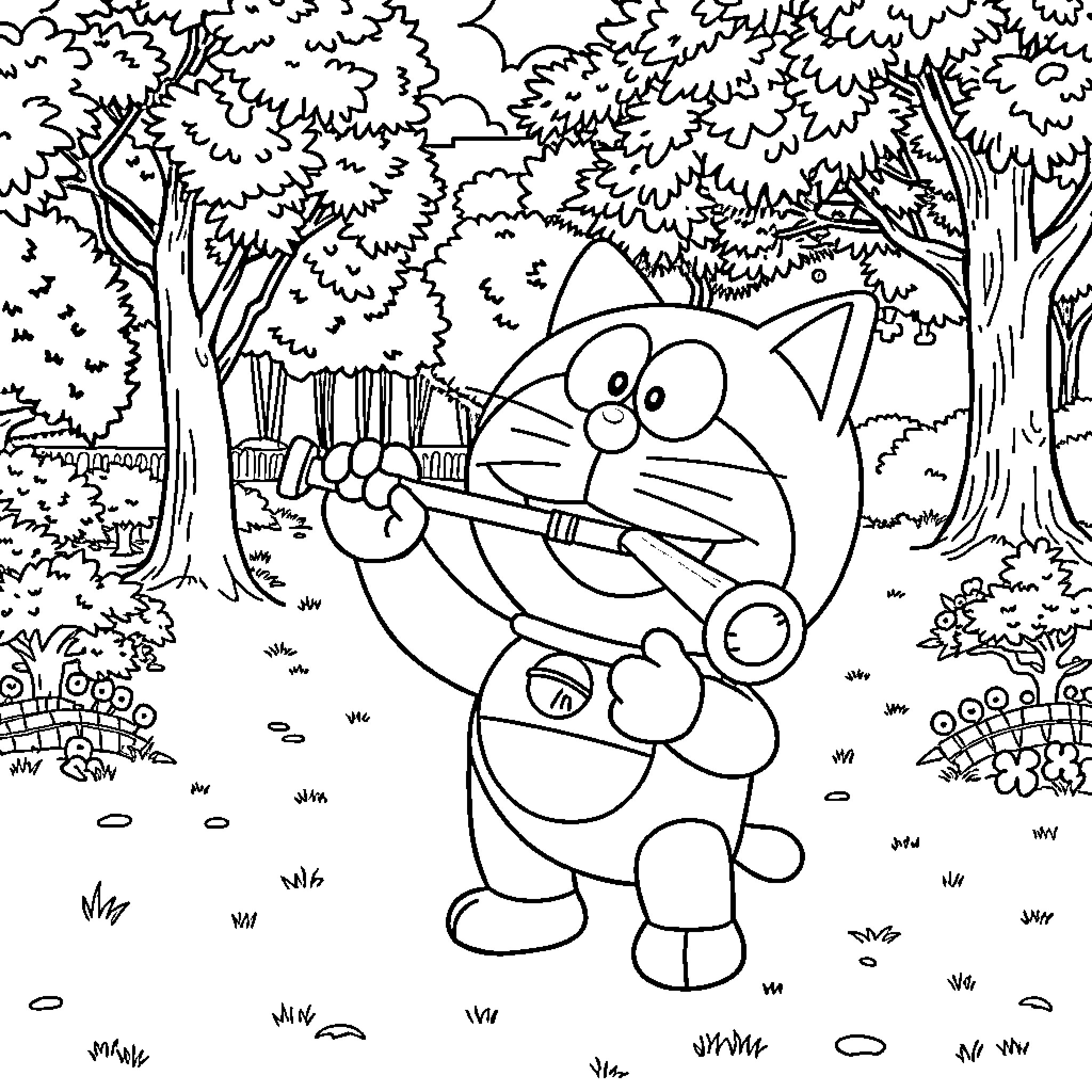 Doraemon exploring the forest with a fishing rod Coloring Page (free black-and-white line drawing printable PDF for all, from beginners to advanced learners, including children, teens, adults, and seniors)