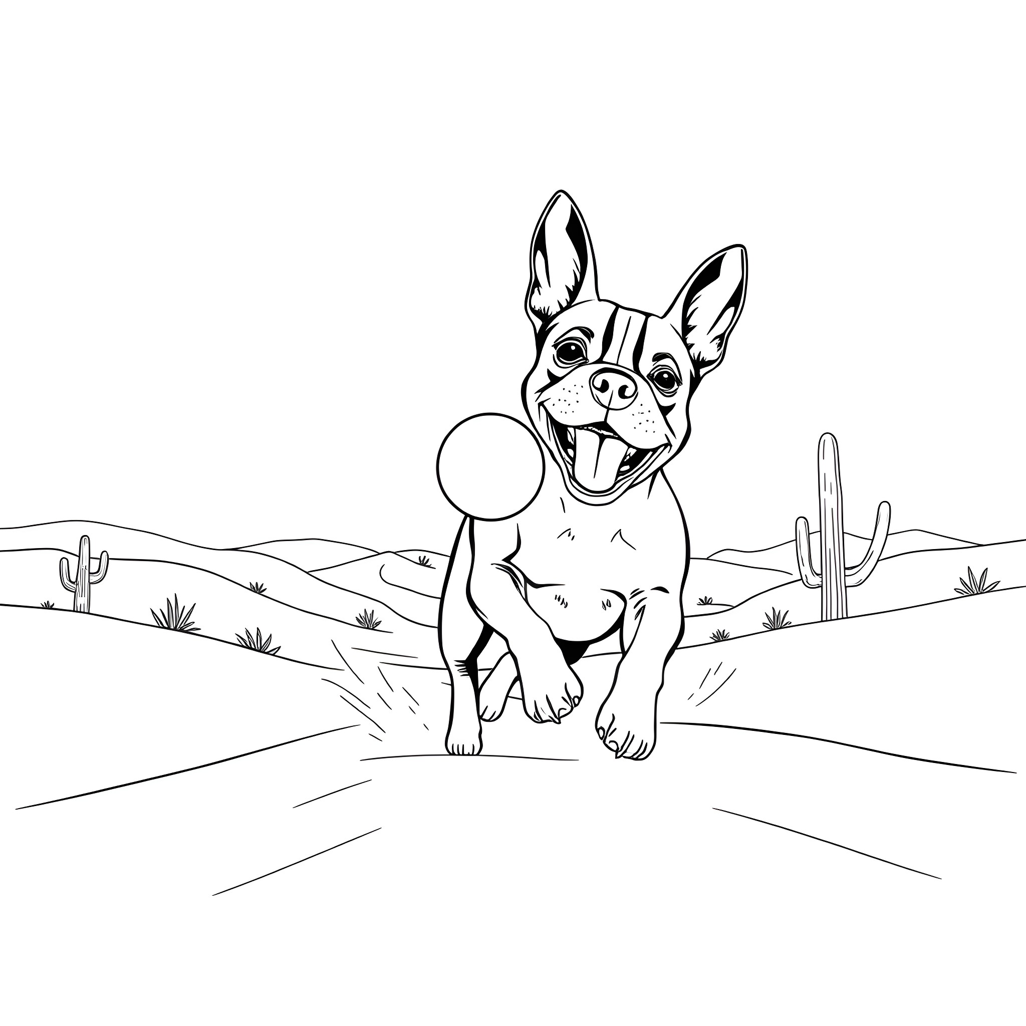 Boston Terrier playing happily in the desert Coloring Page (free black-and-white line drawing printable PDF for all, from beginners to advanced learners, including children, teens, adults, and seniors)