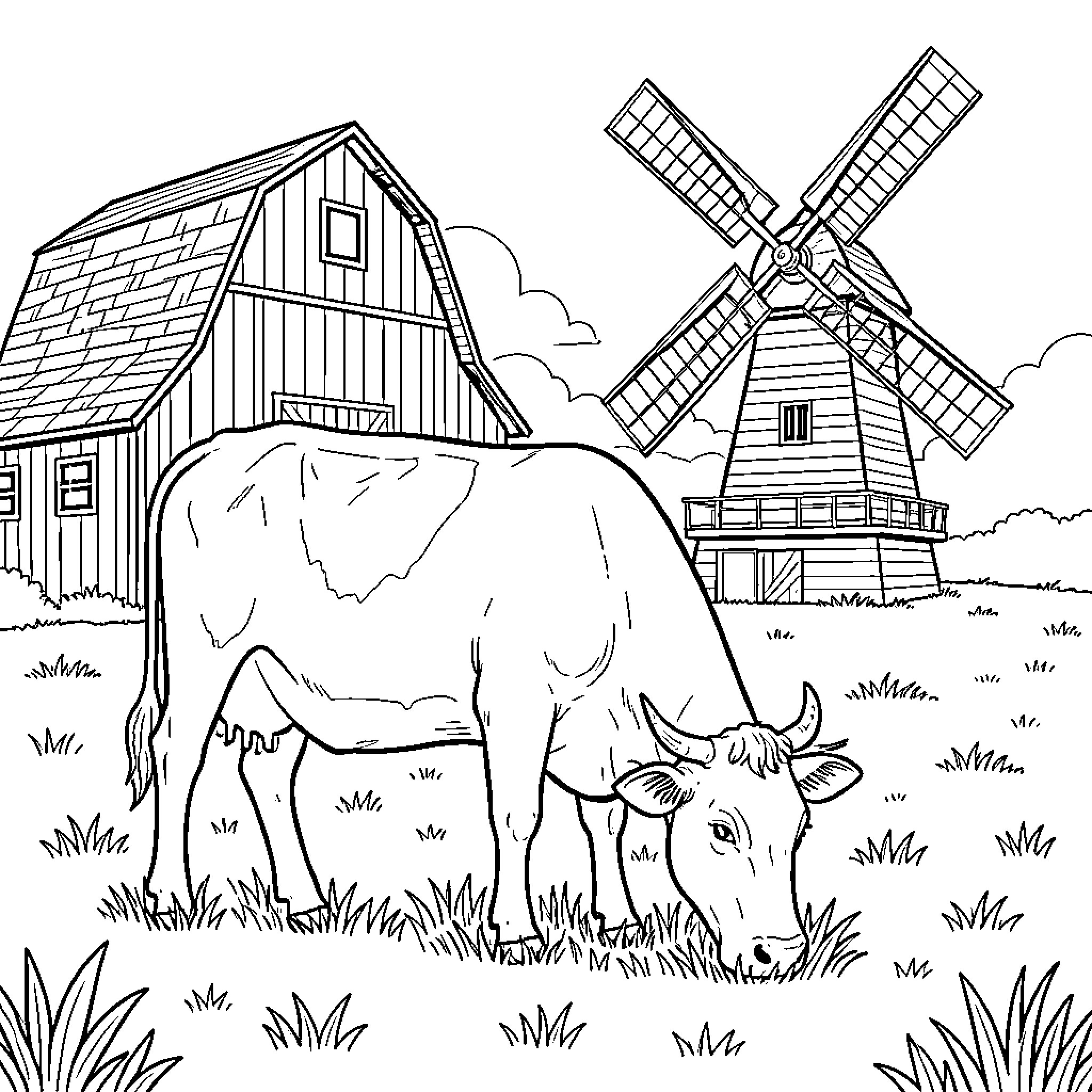 Vaca grazing peacefully near historic windmill and barn Coloring Page (free black-and-white line drawing printable PDF for all, from beginners to advanced learners, including children, teens, adults, and seniors)