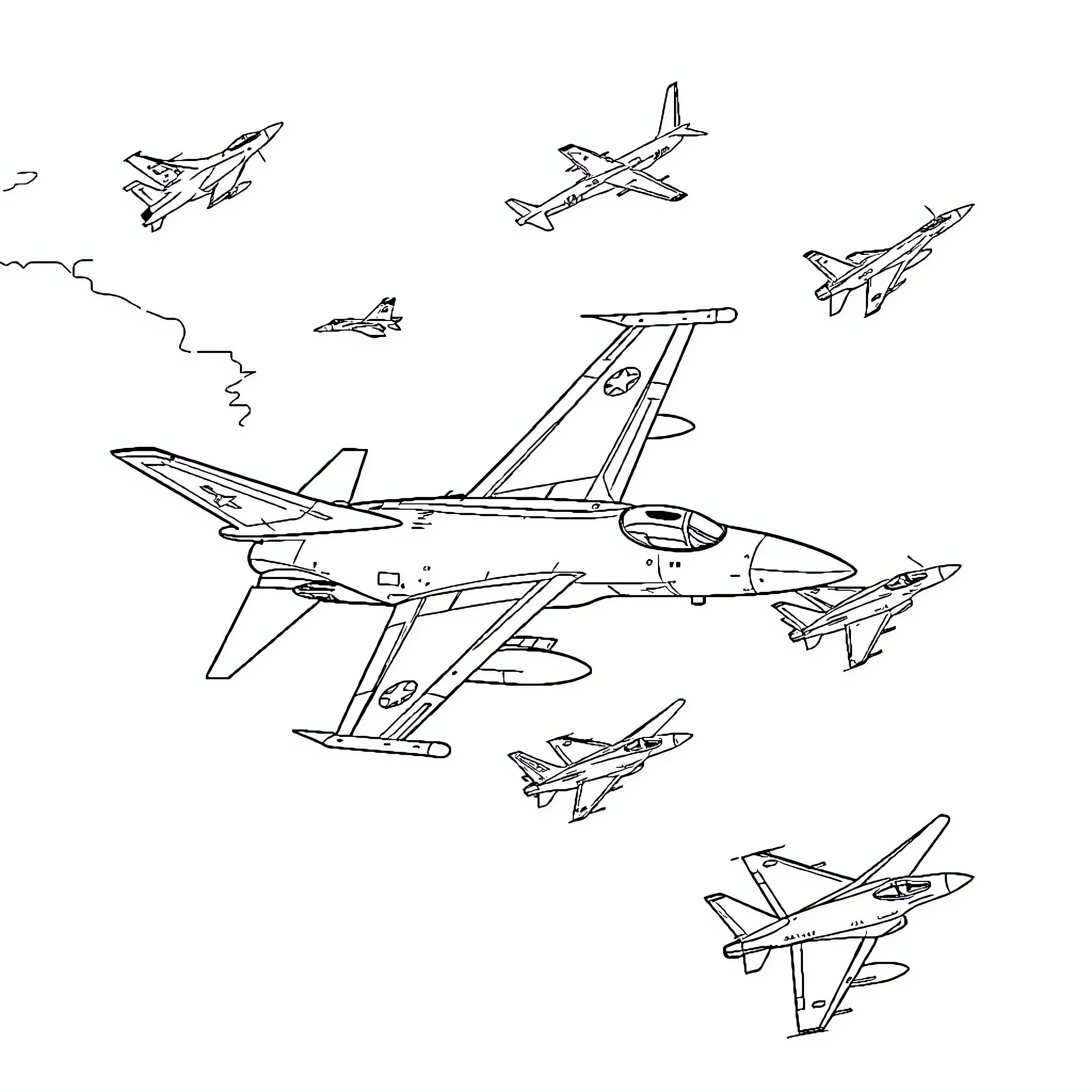 Fighter Jets in Dynamic Flight Formation Coloring Page (free black-and-white line drawing printable PDF for all, from beginners to advanced learners, including children, teens, adults, and seniors)